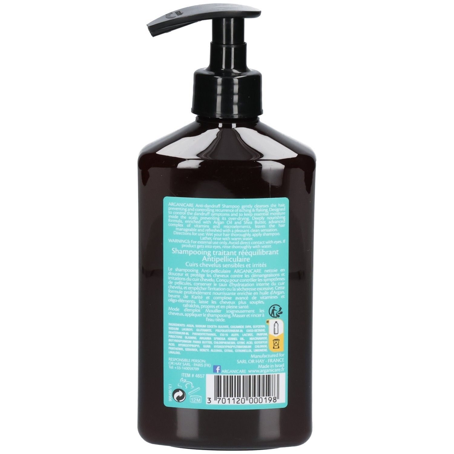 Flacon brun avec distributeur noir. Étiquette bleu clair avec informations produit et code-barres.