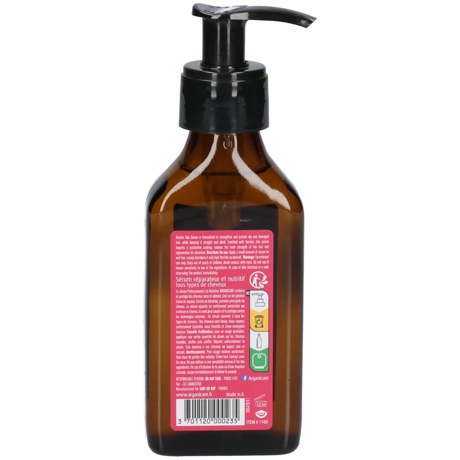 Arrière du flacon de sérum capillaire Arganicare Kératine avec informations produit et icônes.