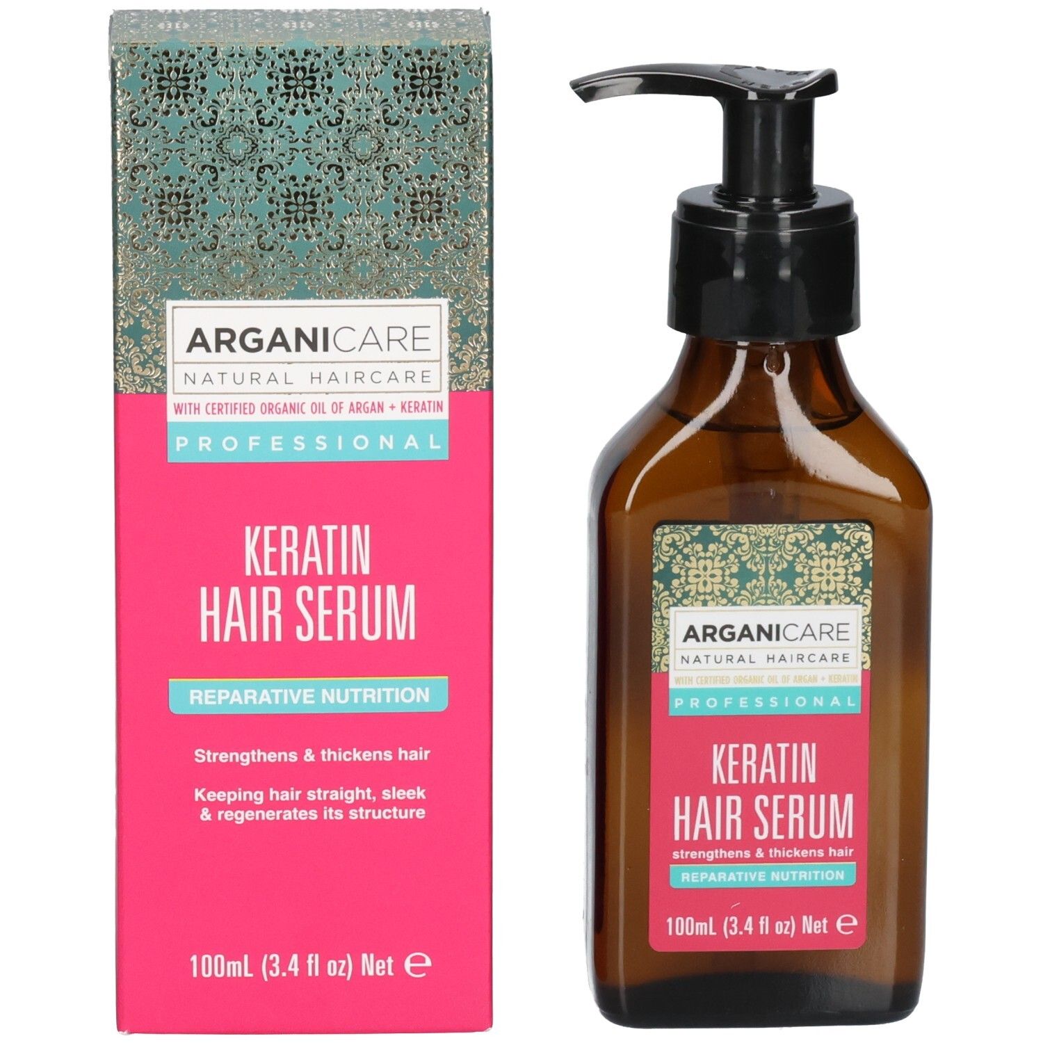 Flacon et emballage du sérum capillaire Arganicare Kératine. Sérum fortifie et épaissit les cheveux.