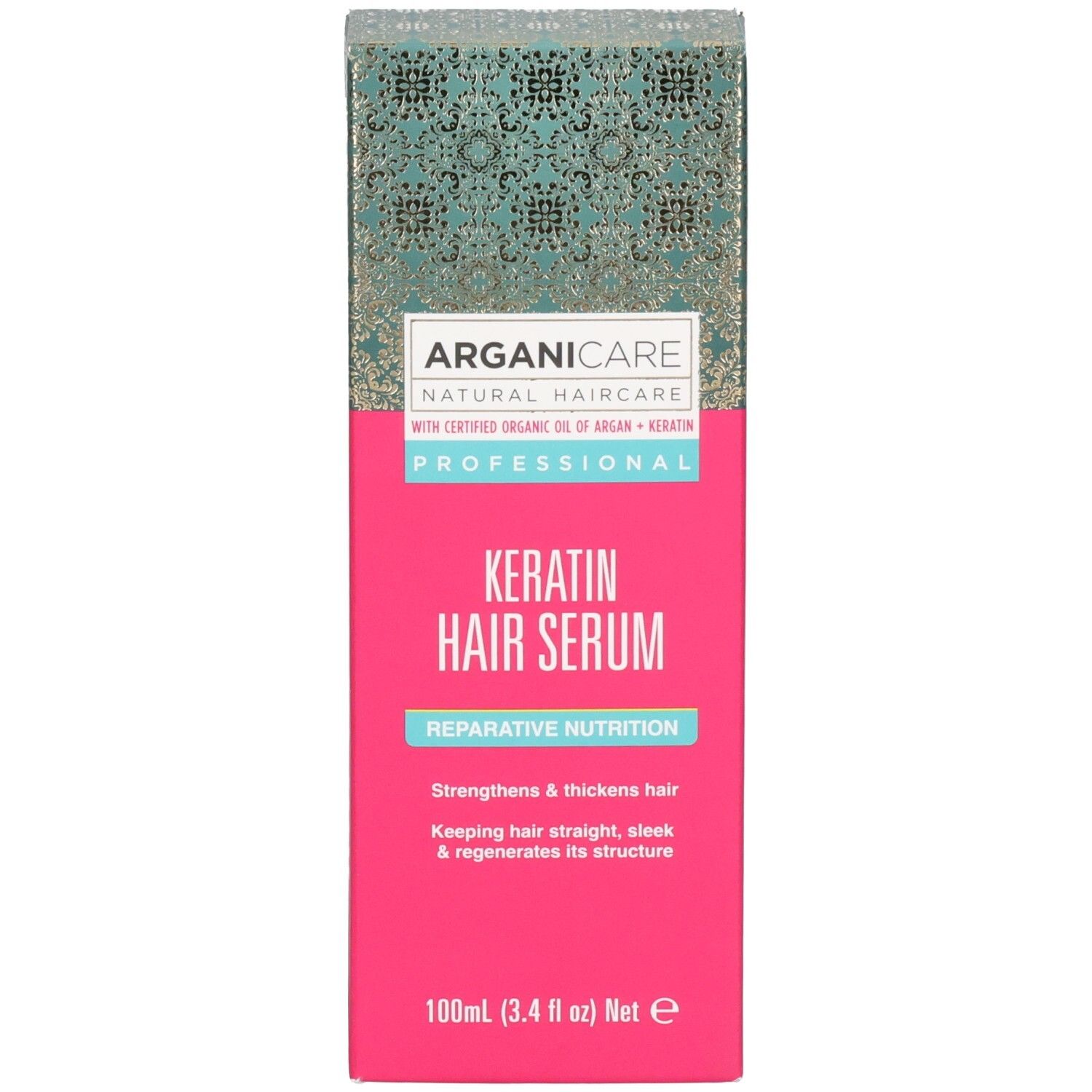 Emballage du sérum capillaire Arganicare Kératine. Fortifie et épaissit les cheveux. 100ml.