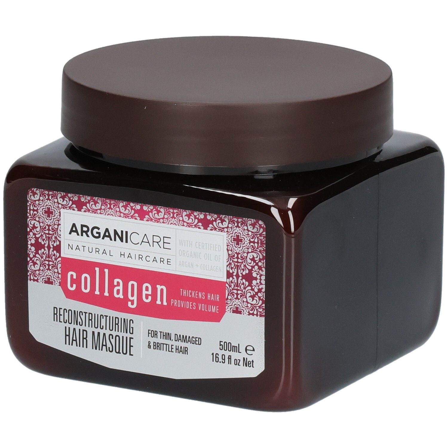Masque capillaire Arganicare Collagen : flacon brun avec couvercle brun, étiquette décorée de motifs roses et blancs.
