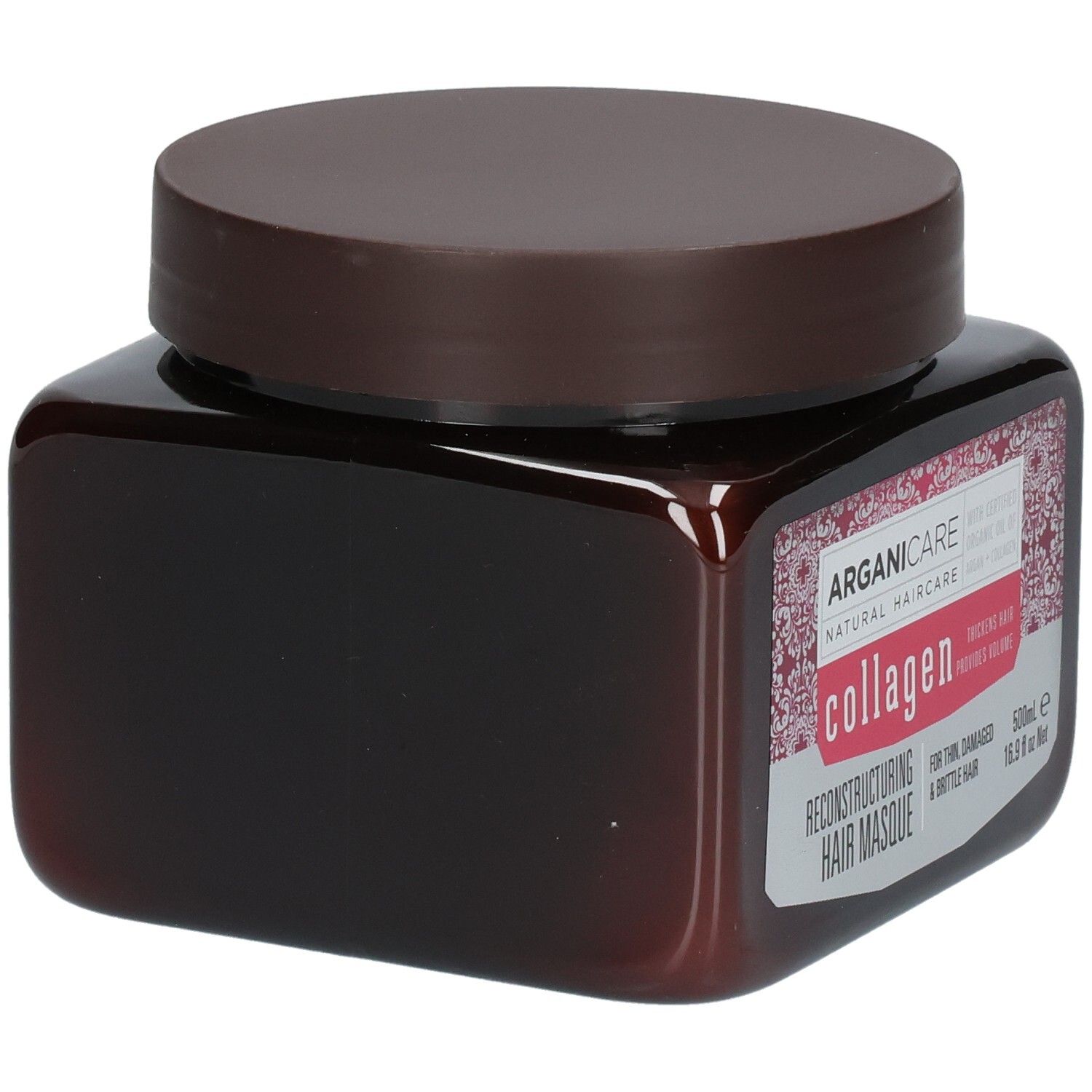 Masque capillaire Arganicare Collagen : flacon brun avec couvercle brun, étiquette décorée de motifs roses et blancs.