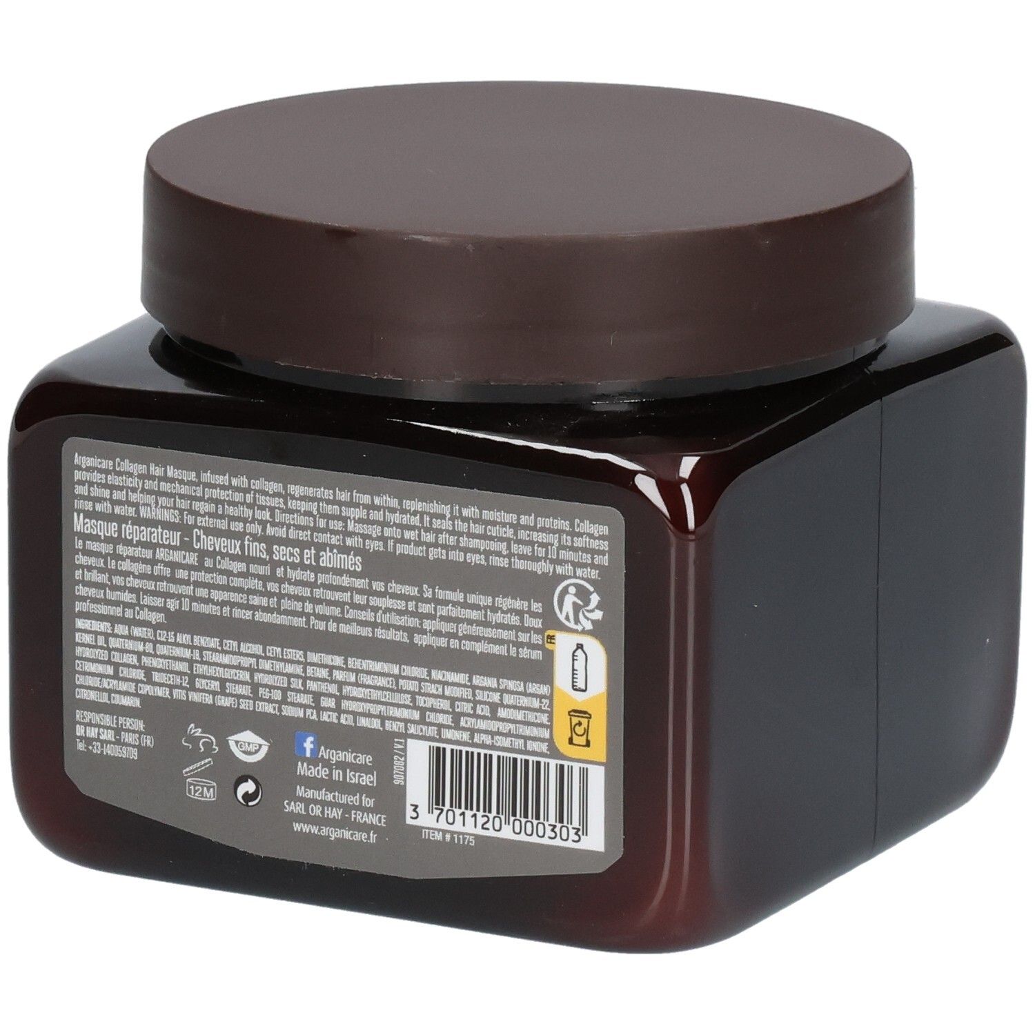 Arrière du masque capillaire Arganicare Collagen : flacon brun avec couvercle brun, étiquette avec informations produit.