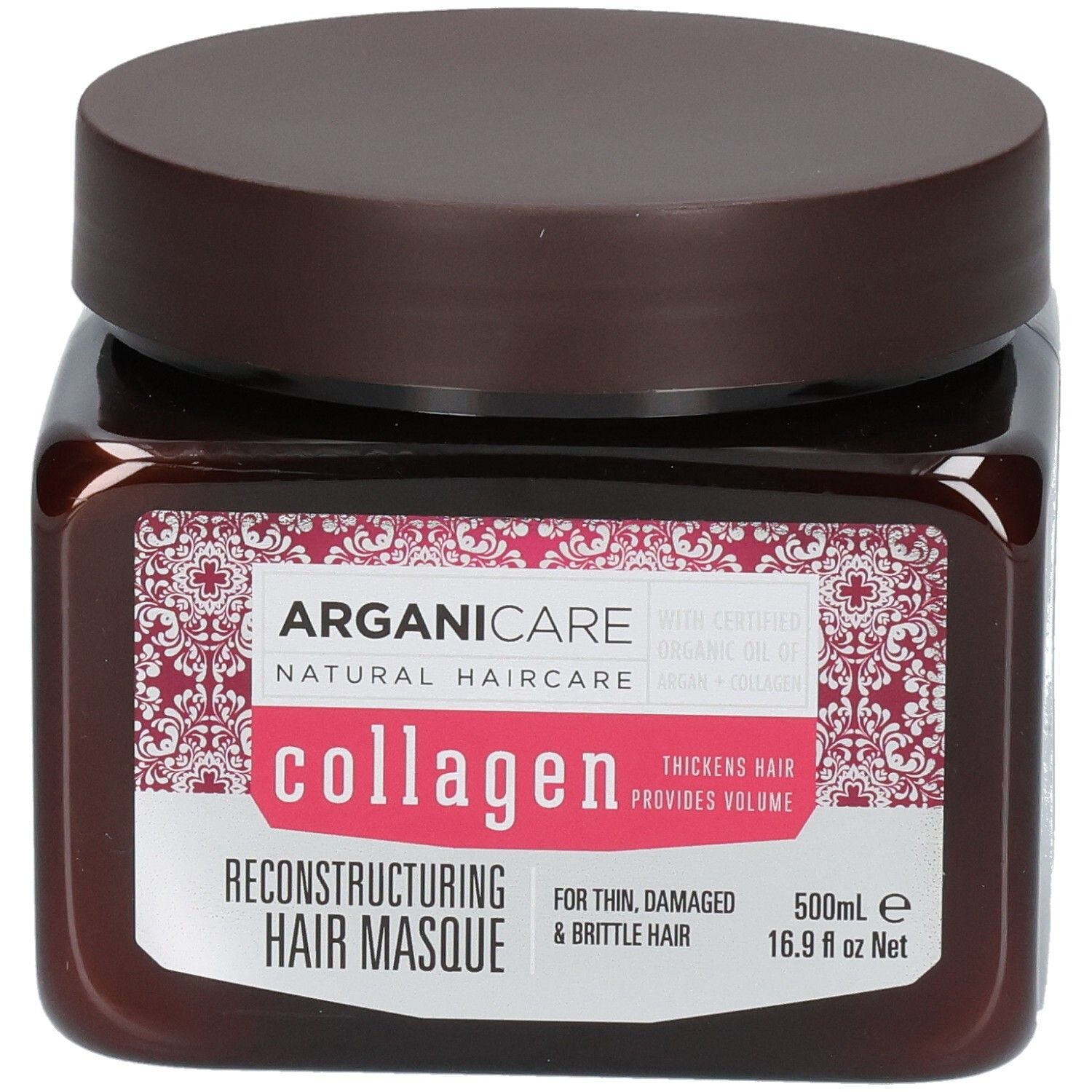Masque capillaire Arganicare Collagen : flacon brun avec couvercle brun, étiquette décorée de motifs roses et blancs.