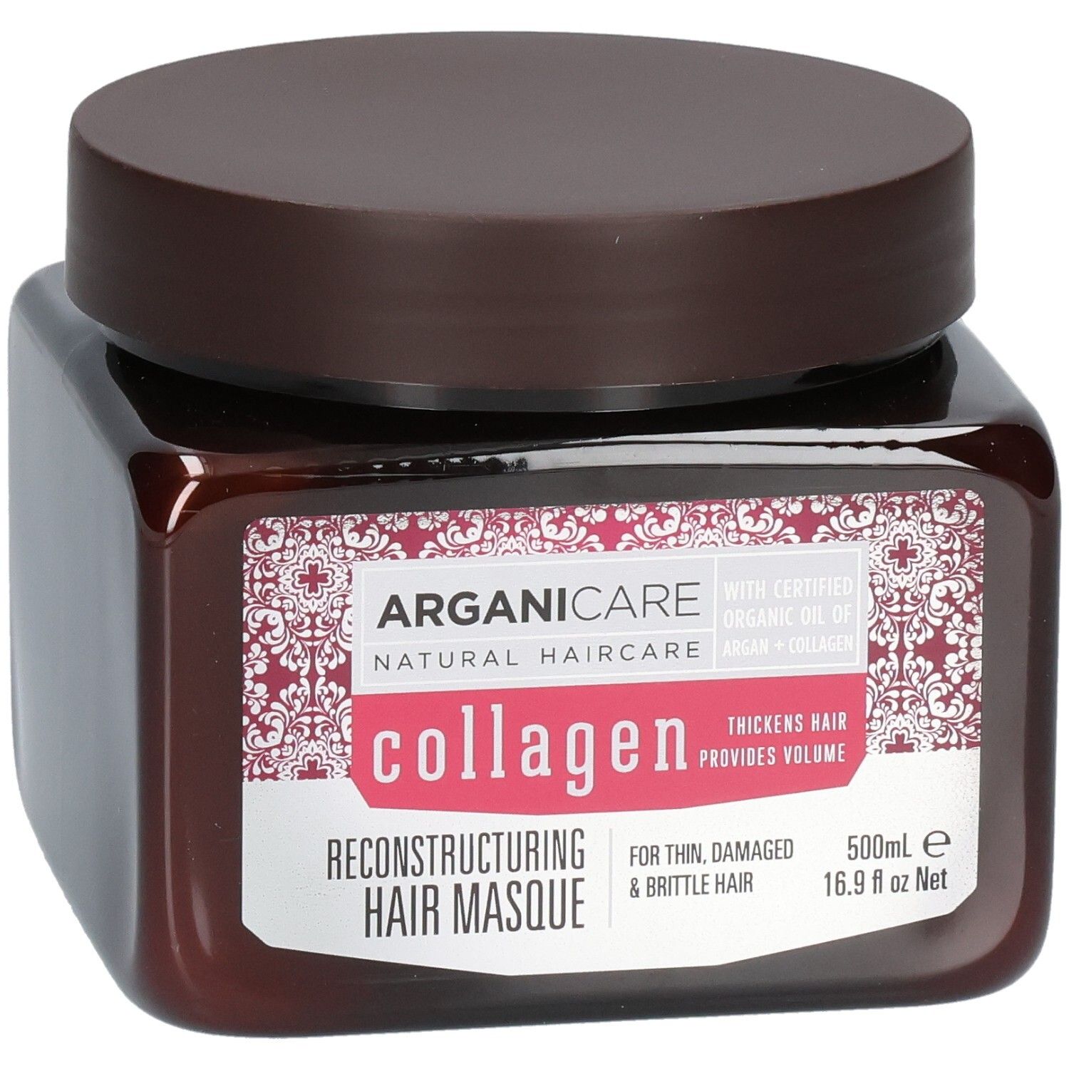 Masque capillaire Arganicare Collagen : flacon brun avec couvercle brun, étiquette décorée de motifs roses et blancs.