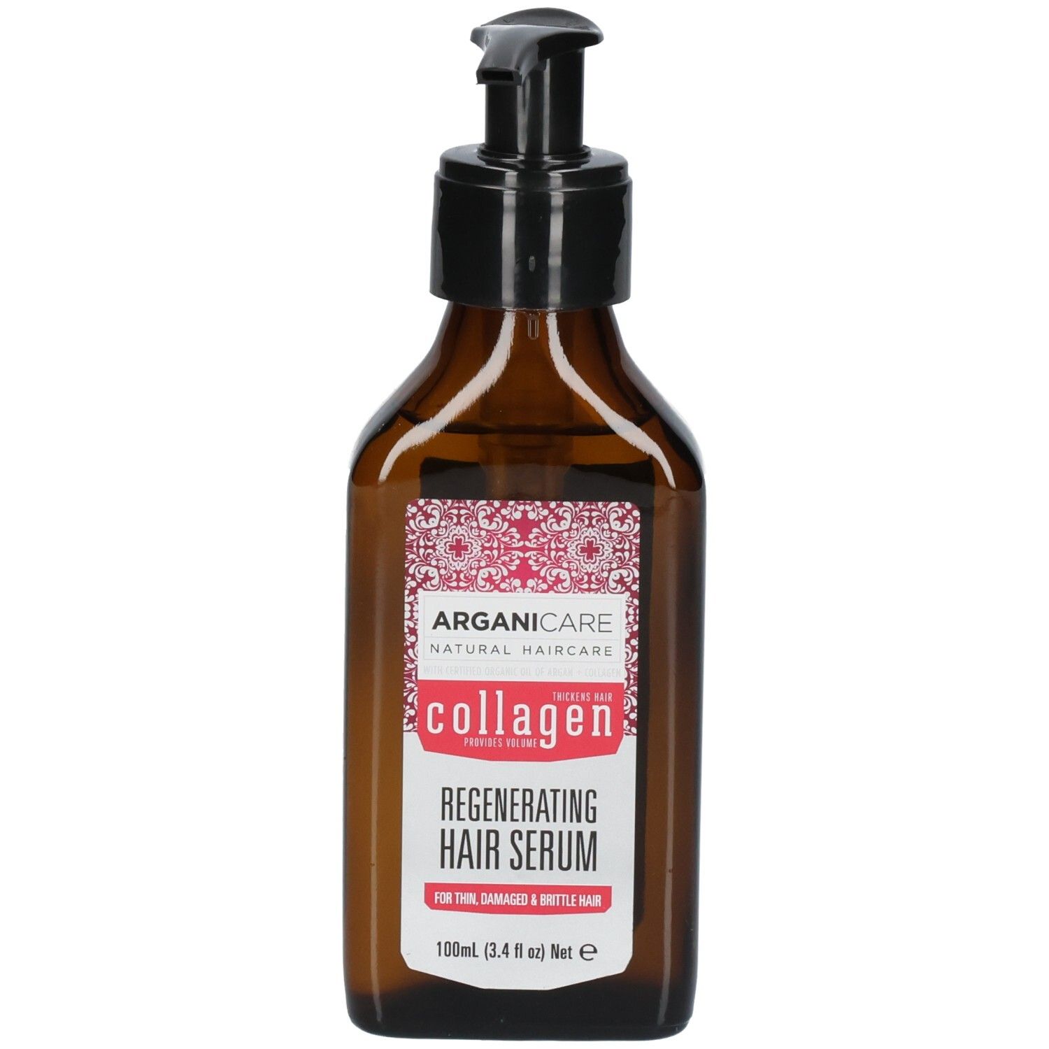 Sérum capillaire Arganicare régénérant dans une bouteille avec pompe et étiquette.
