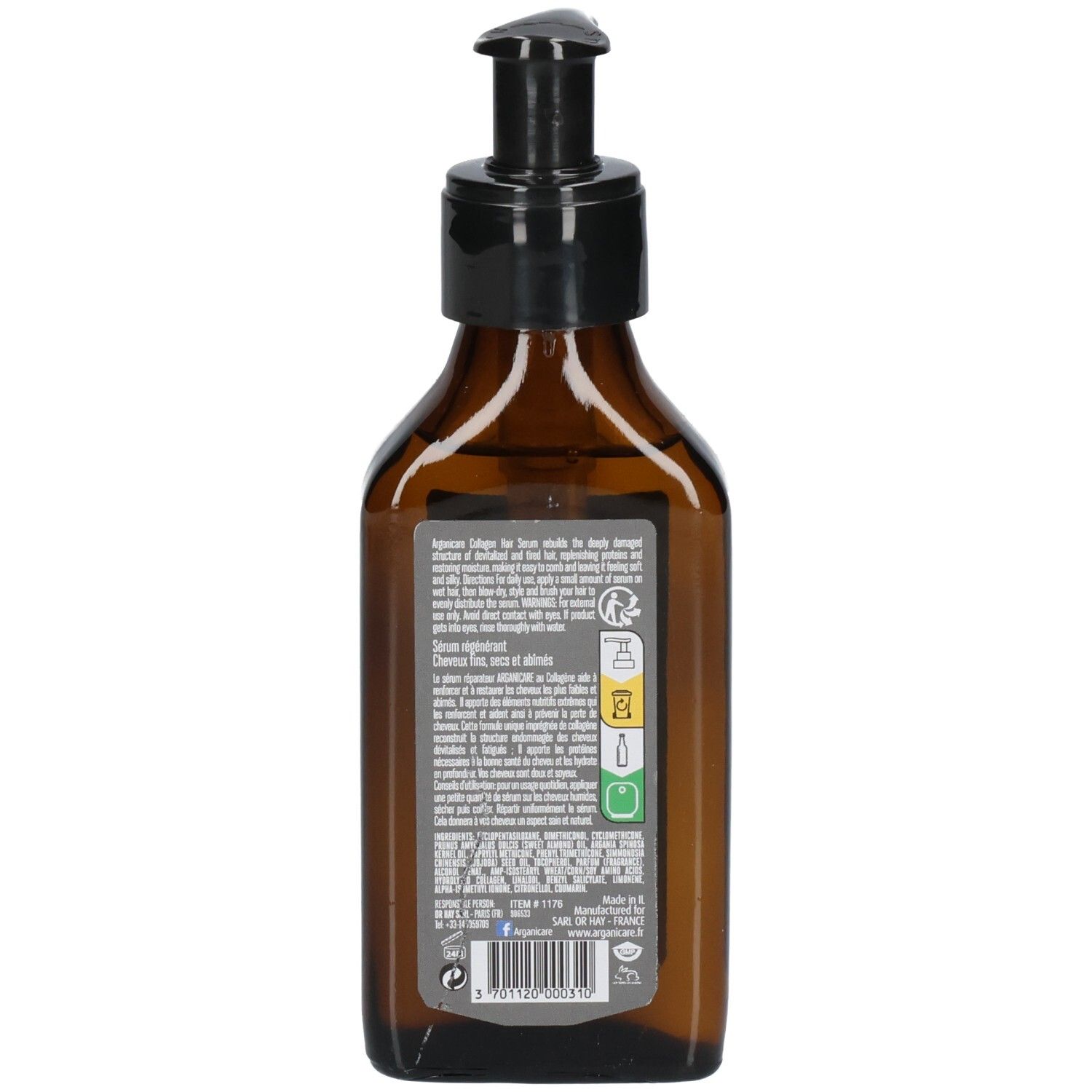Arrière de la bouteille de sérum capillaire Arganicare avec informations produit et symboles.