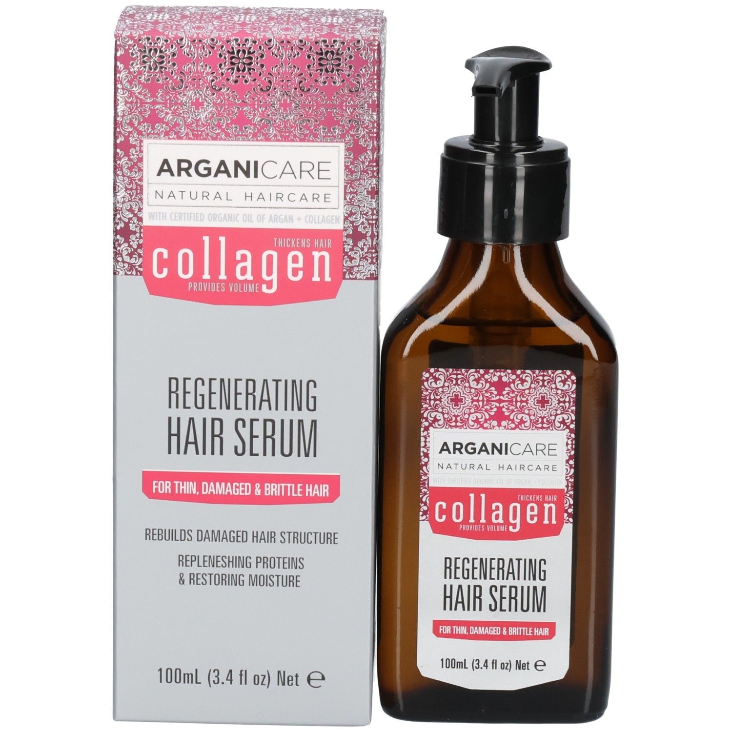 Sérum capillaire Arganicare régénérant et sa boîte d'emballage.