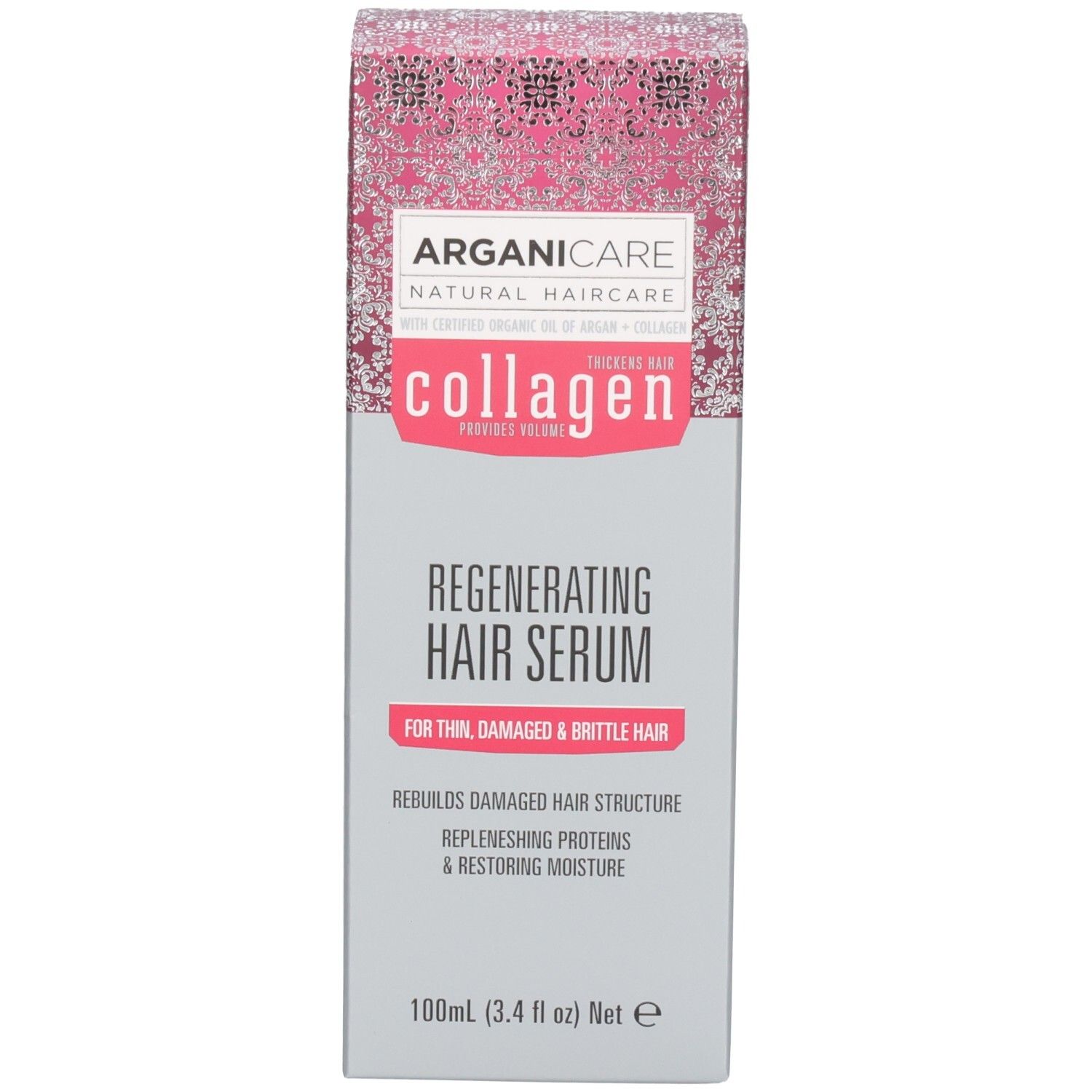 Avant de la boîte d'emballage du sérum capillaire Arganicare avec informations produit.