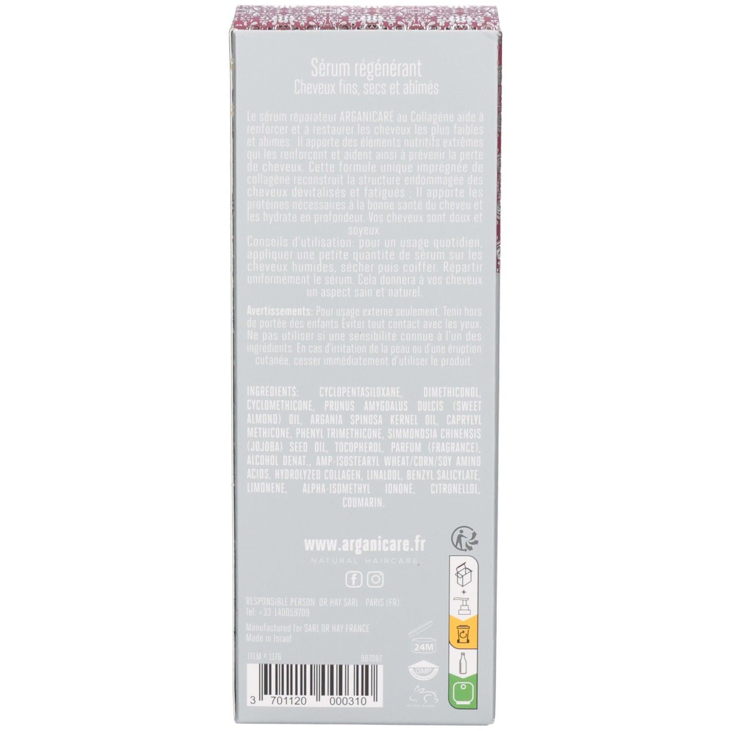 Côté de la boîte d'emballage du sérum capillaire Arganicare avec ingrédients et site web.