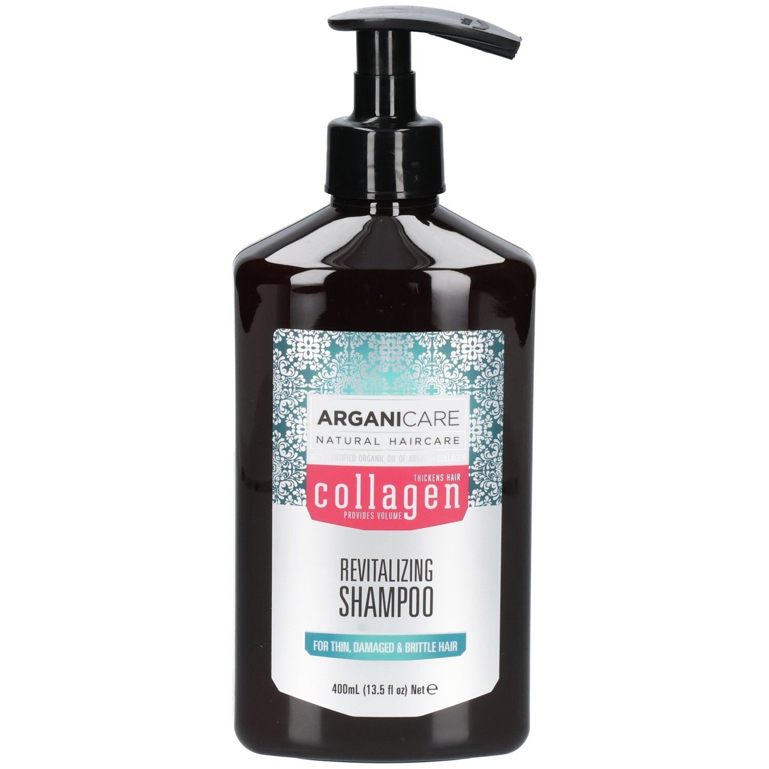 Bouteille de shampoing revitalisant Arganicare Collagen avec pompe. Pour cheveux fins, abîmés et cassants.