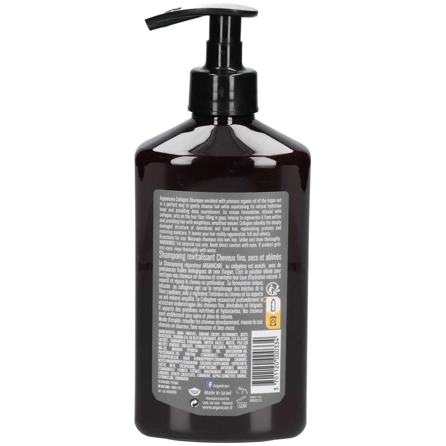 Arrière d'une bouteille de shampoing Arganicare Collagen avec description détaillée du produit et code-barres.
