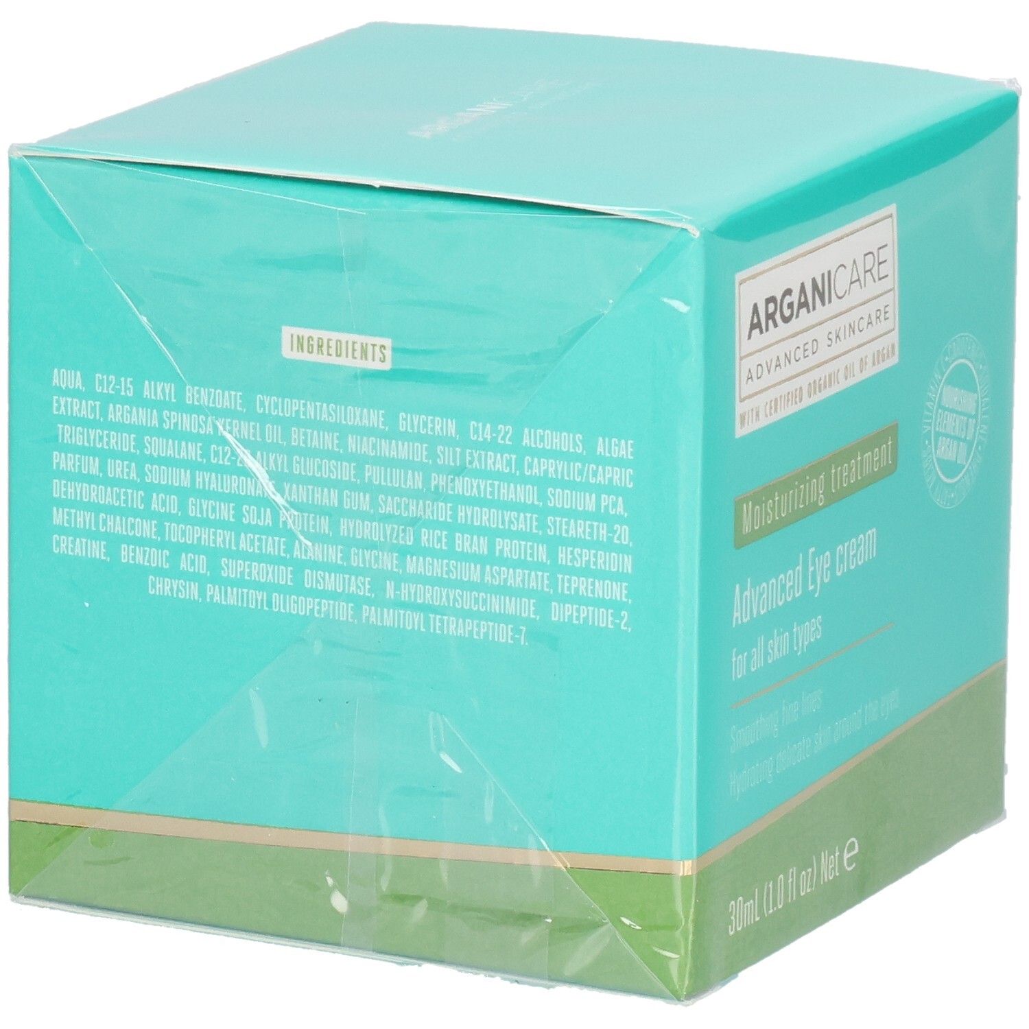 Emballage Arganicare Advanced Eye Cream avec liste des ingrédients.
