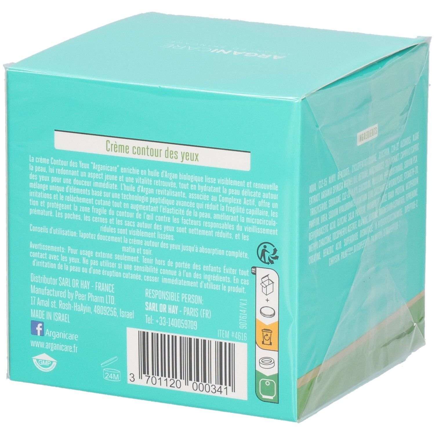 Arrière de l'emballage Arganicare Advanced Eye Cream avec instructions d'utilisation et informations fabricant.
