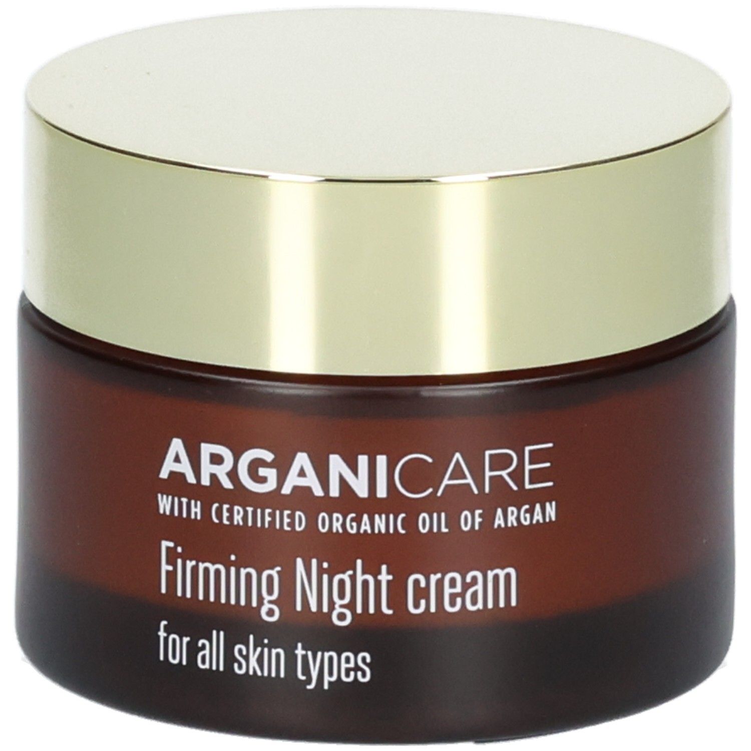 Arganicare Crème de nuit raffermissante dans un pot en verre brun avec un couvercle doré.