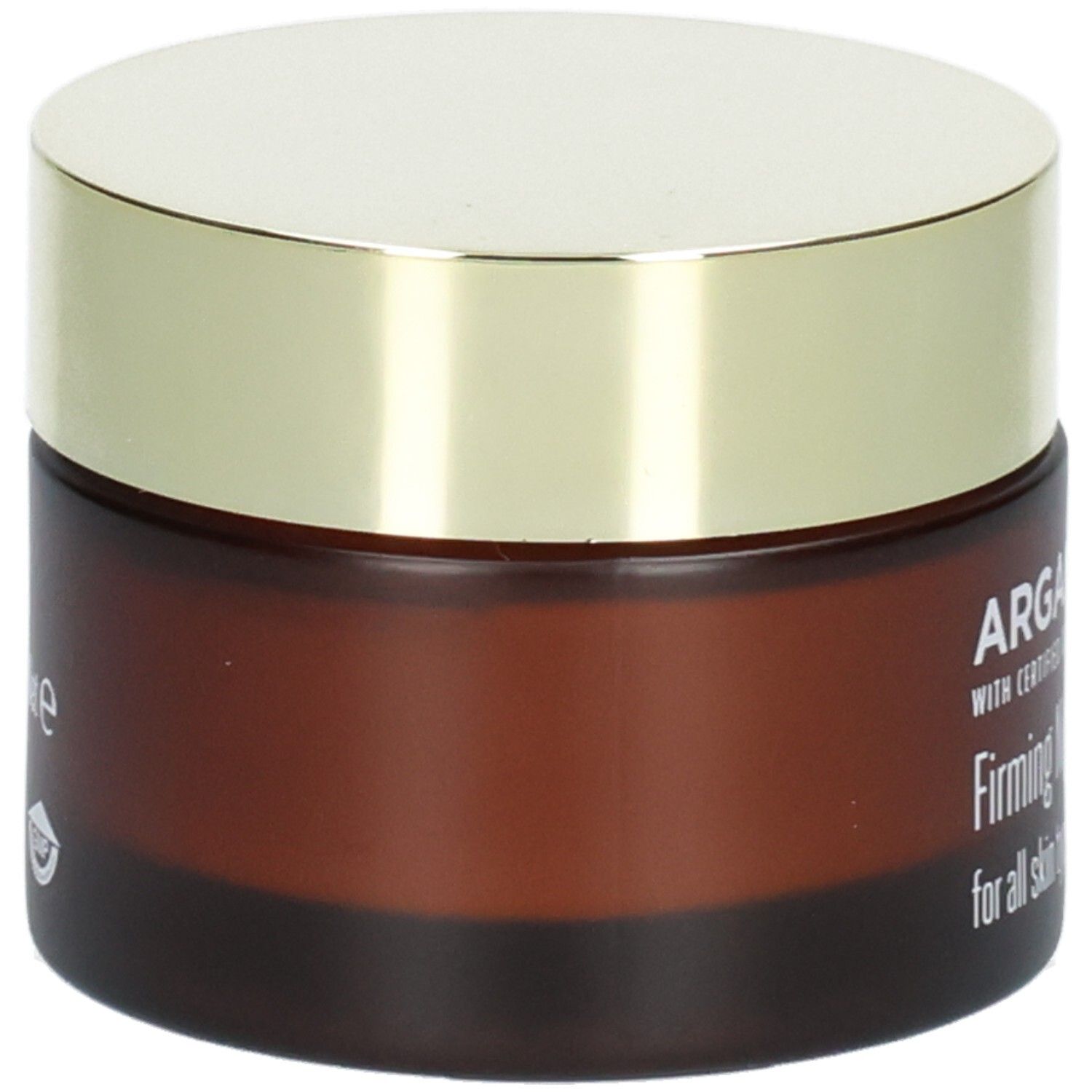 Arganicare Crème de nuit raffermissante, vue latérale du pot en verre brun avec couvercle doré.