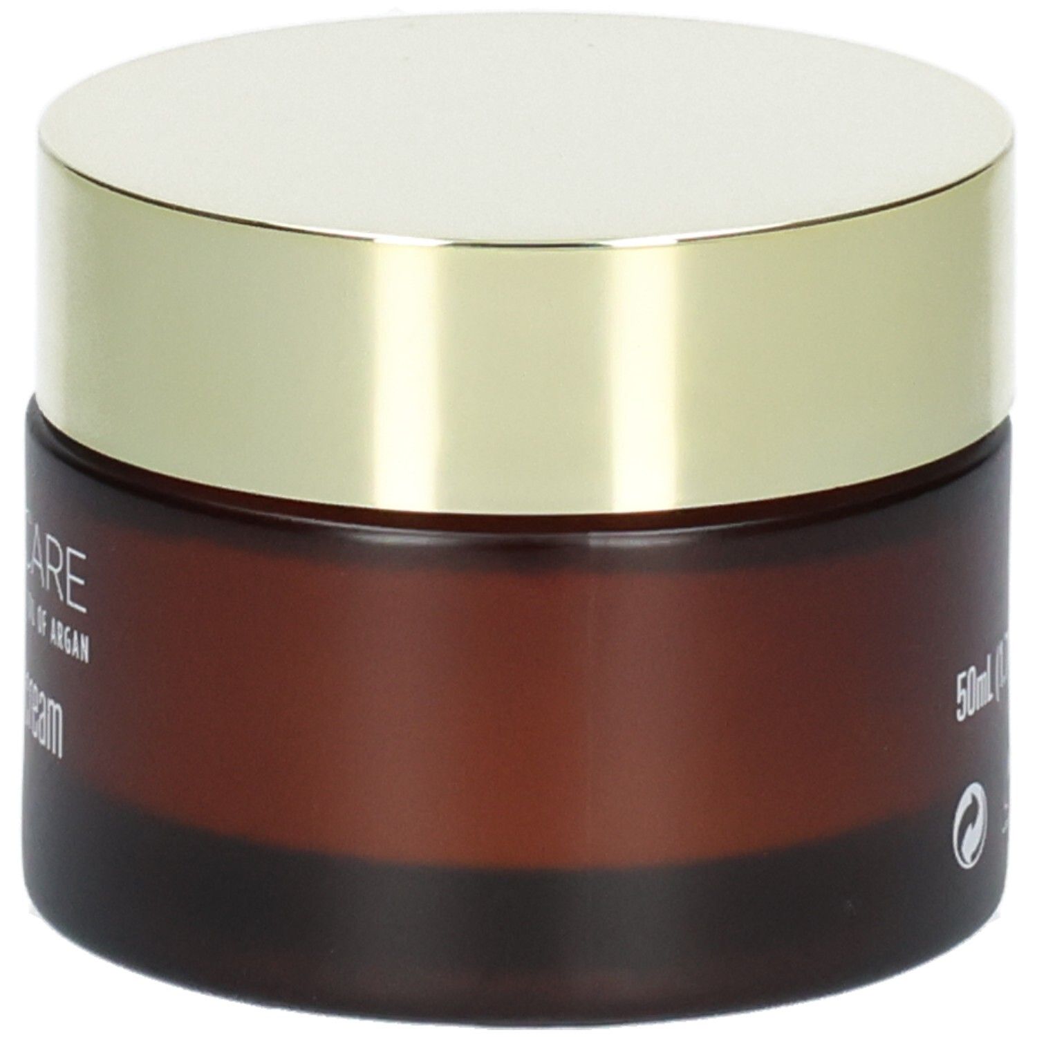 Arganicare Crème de nuit raffermissante, vue en biais du pot en verre brun.