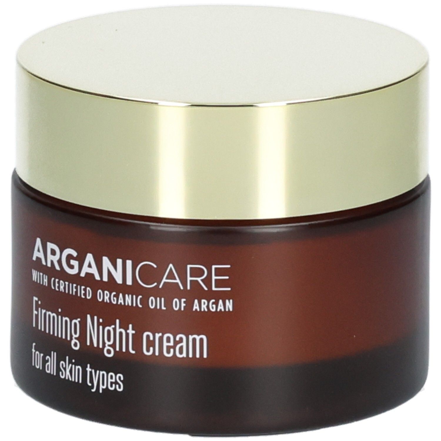 Arganicare Crème de nuit raffermissante dans un pot en verre brun avec un couvercle doré.