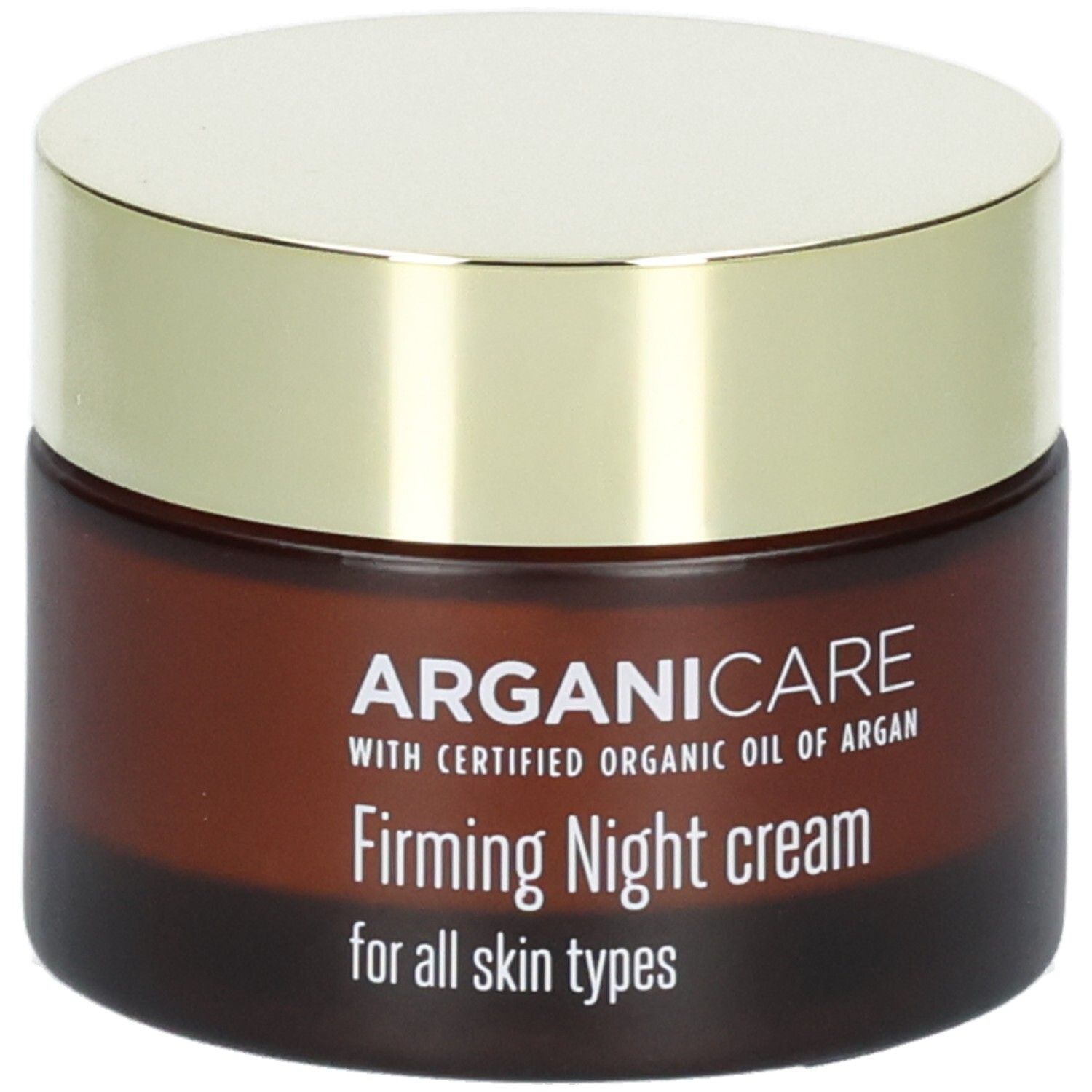 Arganicare Crème de nuit raffermissante dans un pot en verre brun avec un couvercle doré.