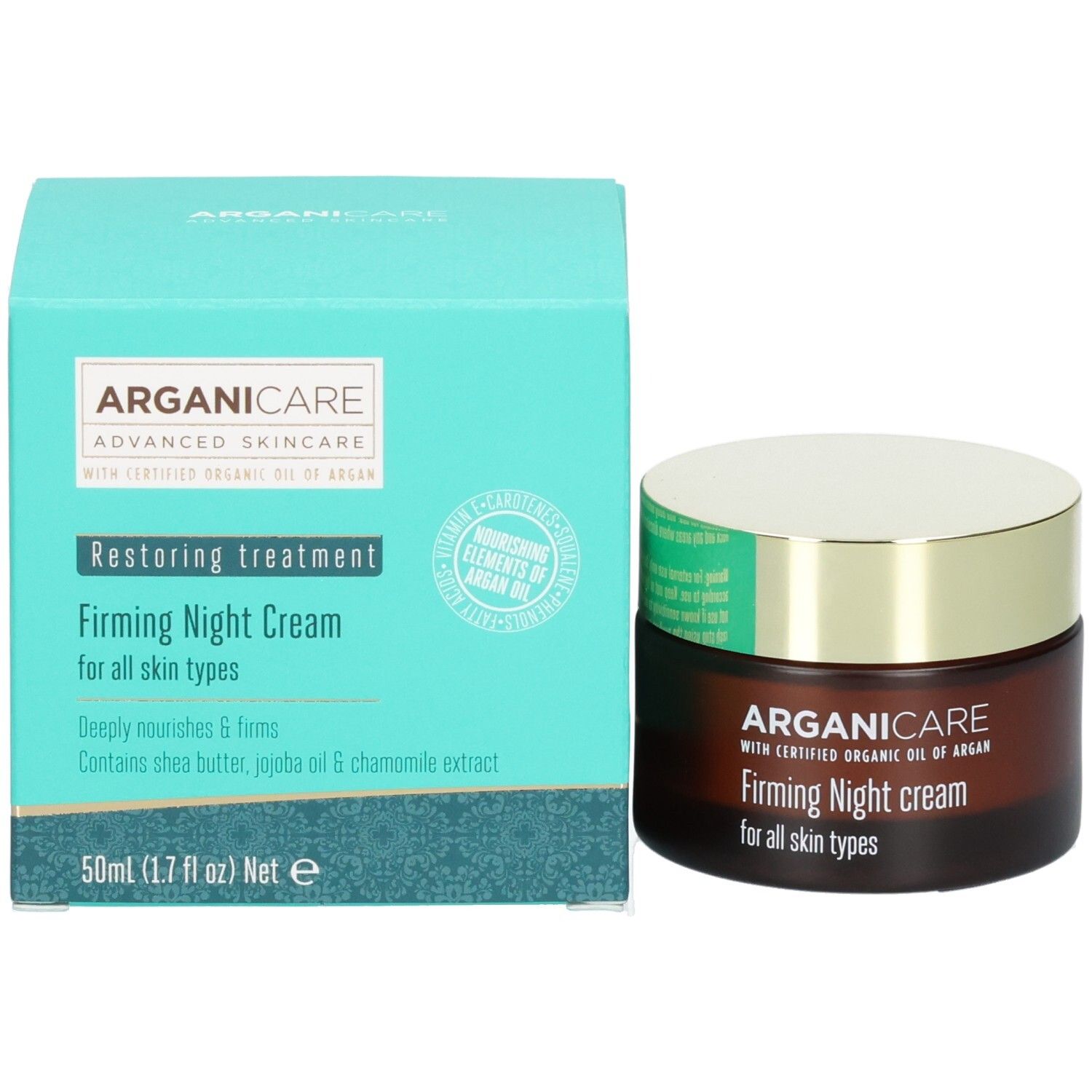 Arganicare Crème de nuit raffermissante en pot à côté de son emballage turquoise.