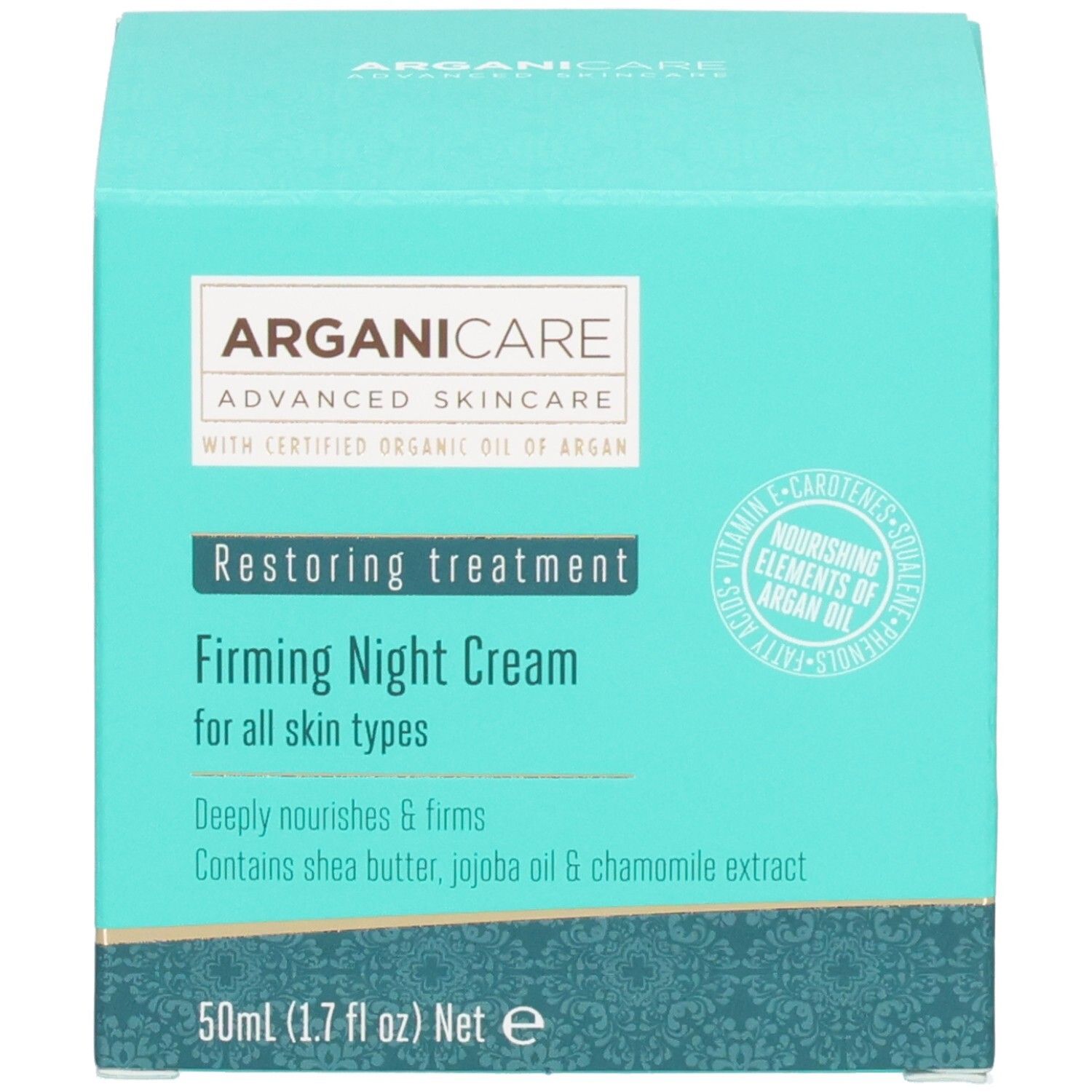 Arganicare Crème de nuit raffermissante sur emballage turquoise avec détails sur les ingrédients.