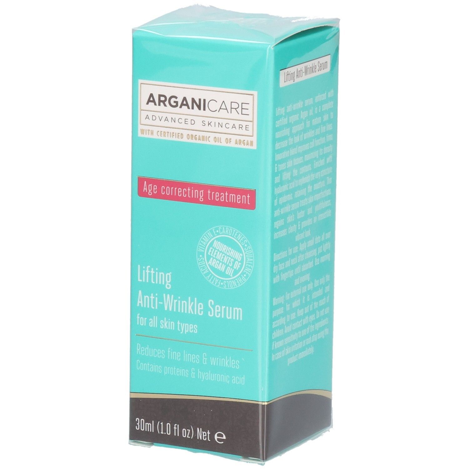Boîte turquoise avec Arganicare Lifting Anti-Wrinkle Serum, 30ml.
