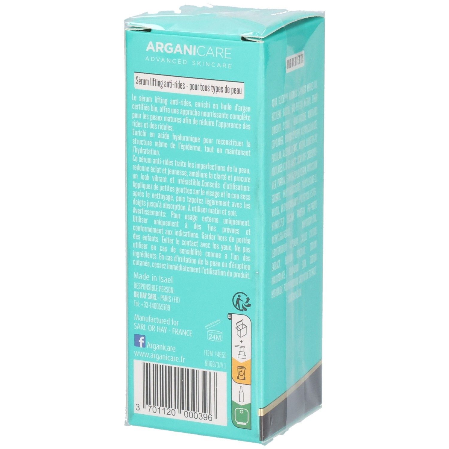 Arganicare Sérum Lifting Anti-rides, emballage turquoise avec informations produit et code-barres.