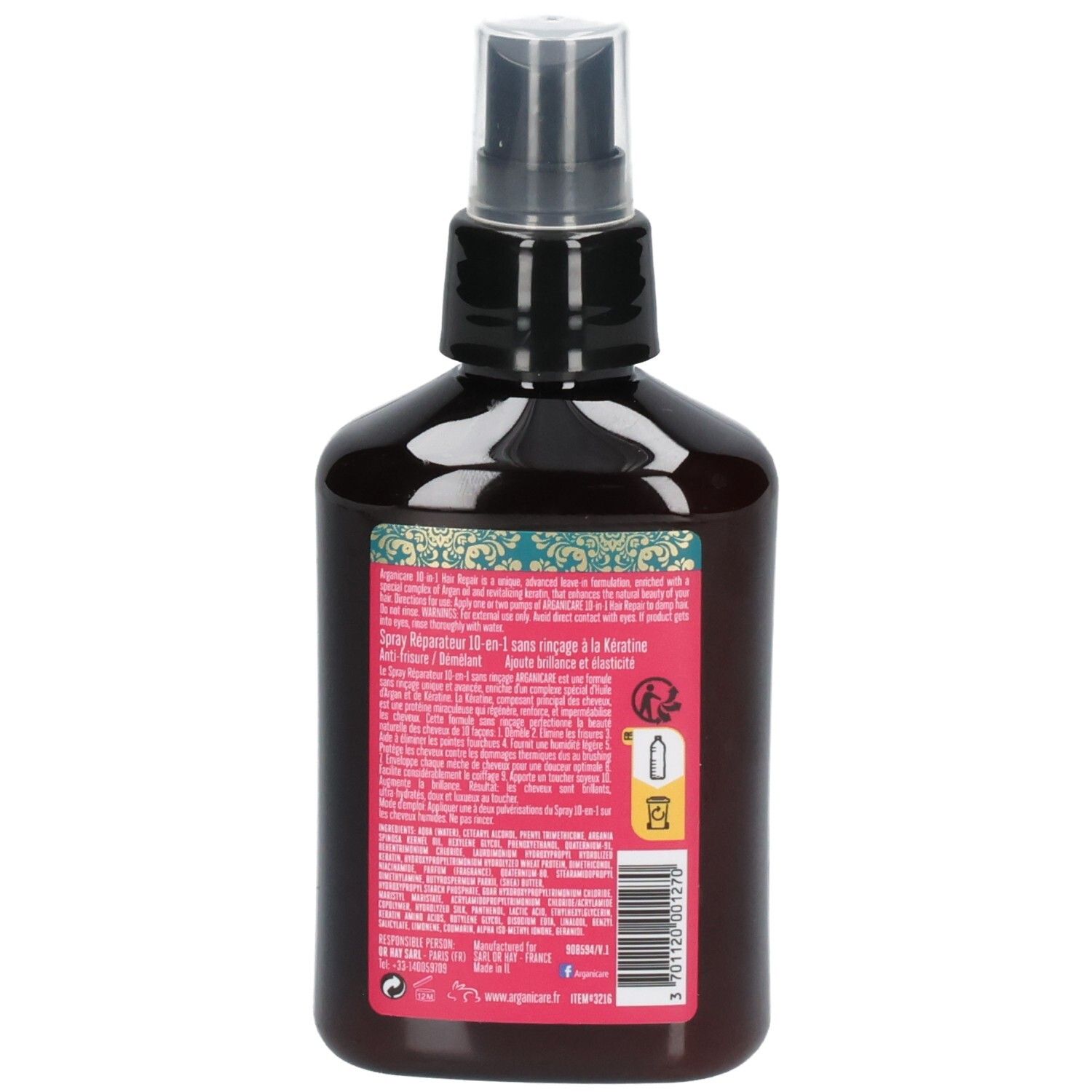 Arganicare Spray Réparation Cheveux 10-en-1 sans rinçage. Arrière du flacon avec liste d'ingrédients et instructions.