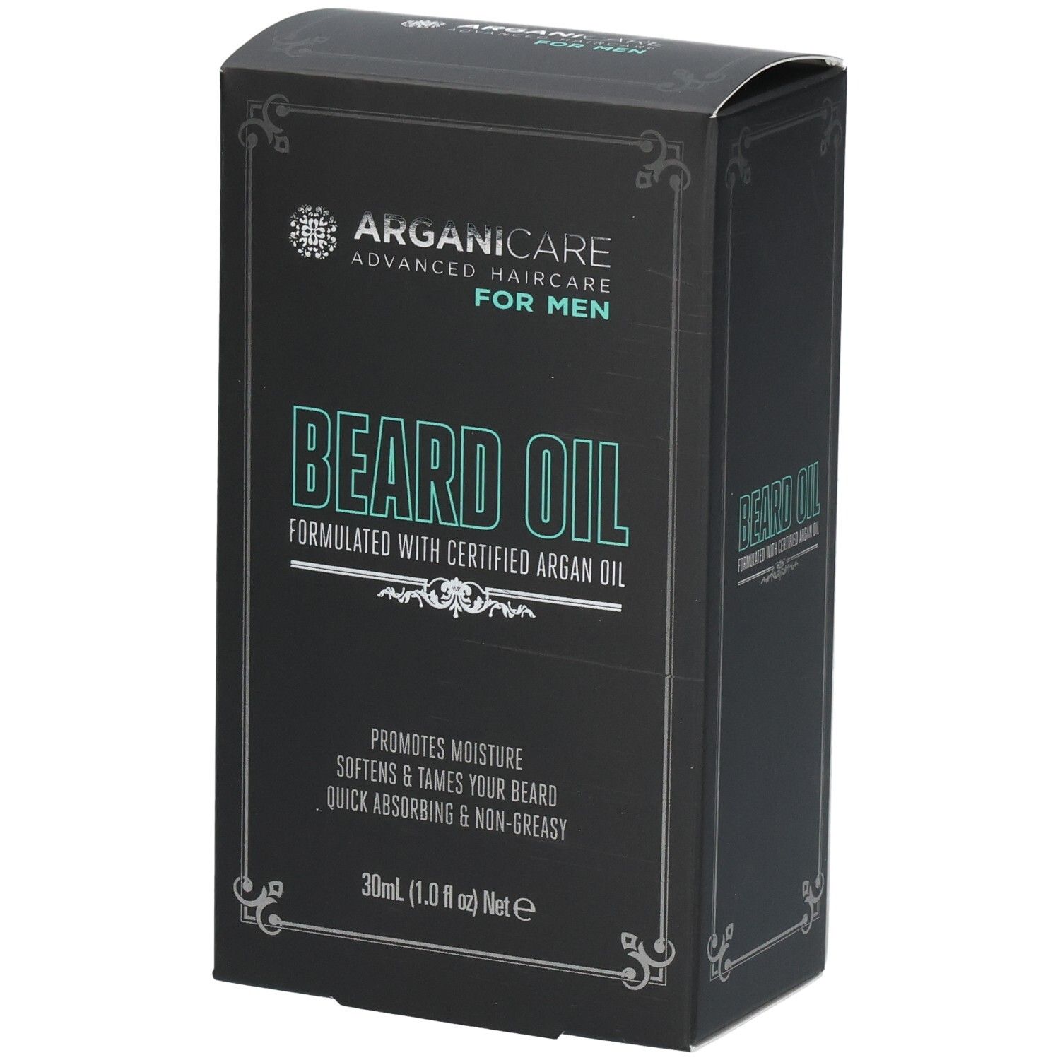 Emballage d'huile à barbe Arganicare pour hommes, 30ml, formulé à l'huile d'argan.