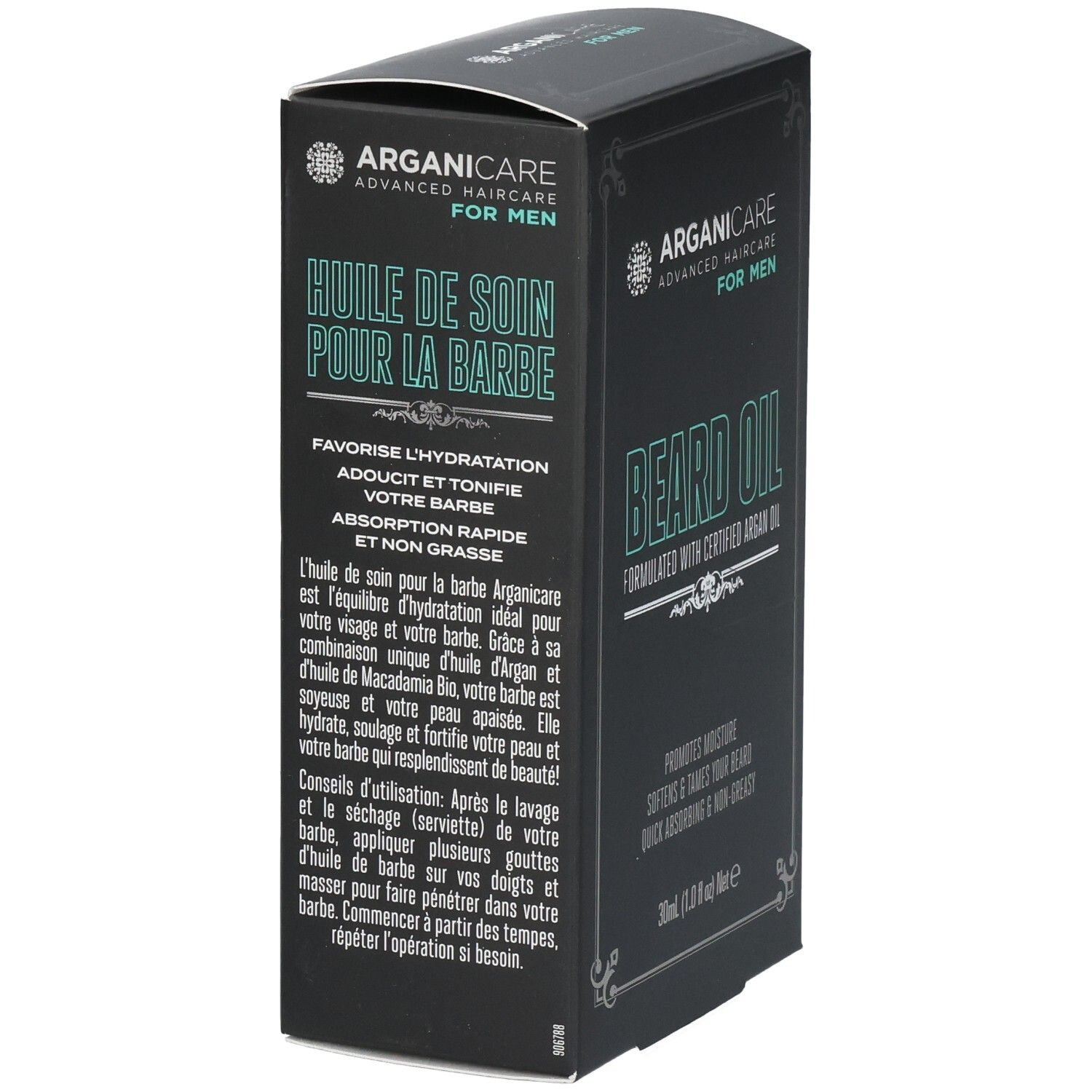 Emballage d'huile à barbe Arganicare pour hommes, face avant française, 30ml.