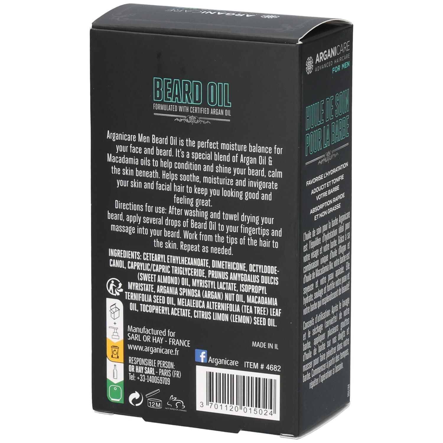 Emballage d'huile à barbe Arganicare pour hommes, dos avec ingrédients et instructions, 30ml.