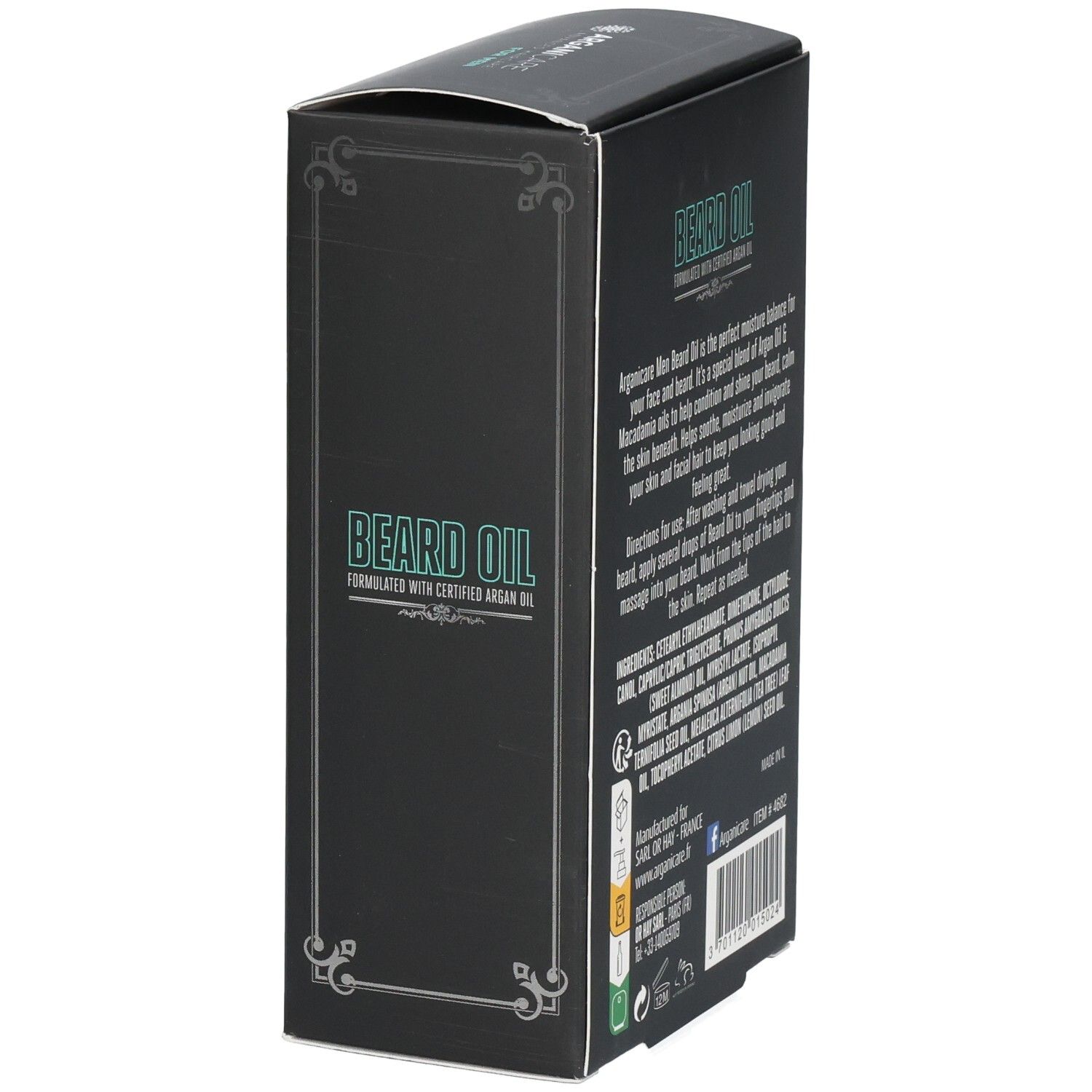 Emballage d'huile à barbe Arganicare pour hommes, vue latérale, 30ml.
