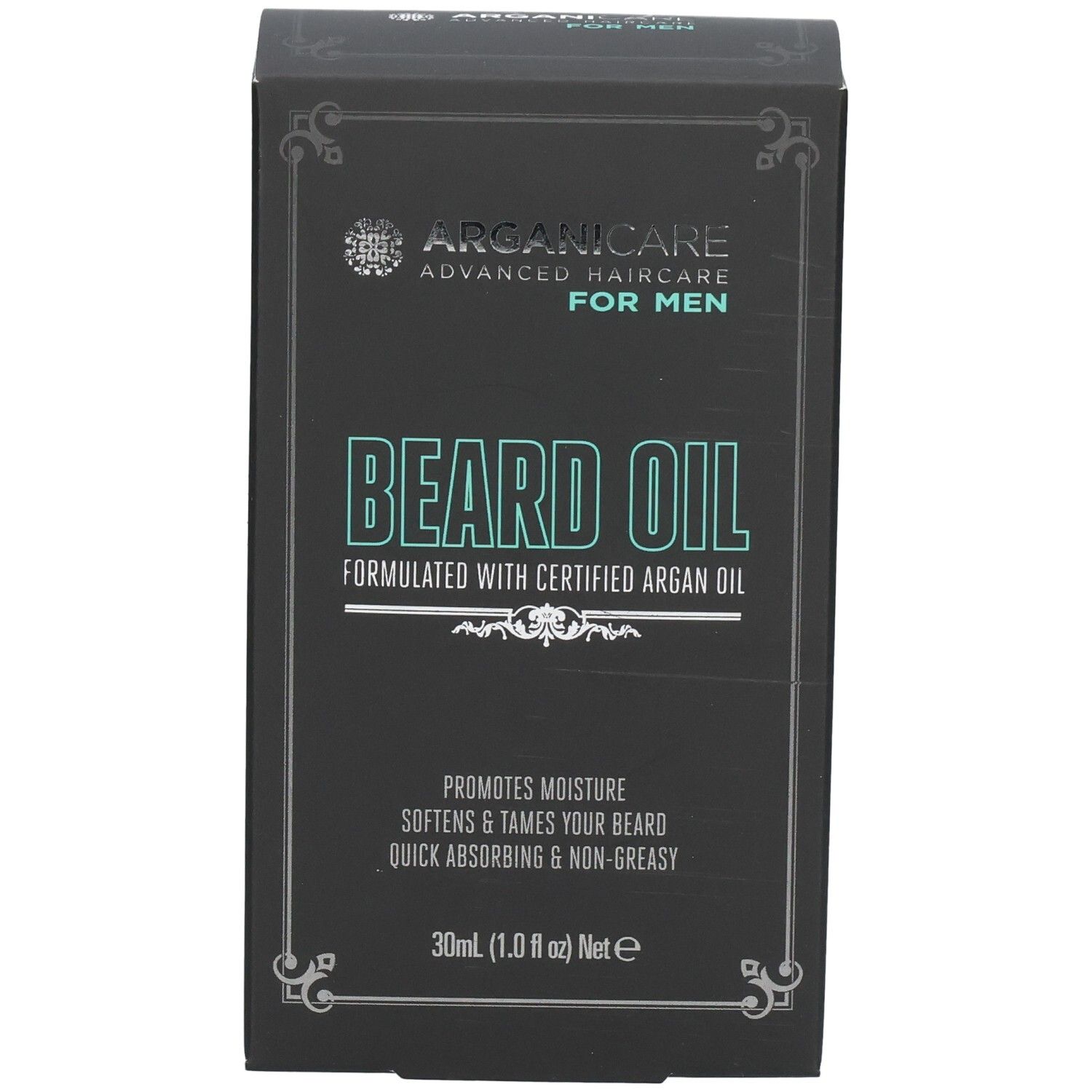Emballage d'huile à barbe Arganicare pour hommes, 30ml, formulé à l'huile d'argan.
