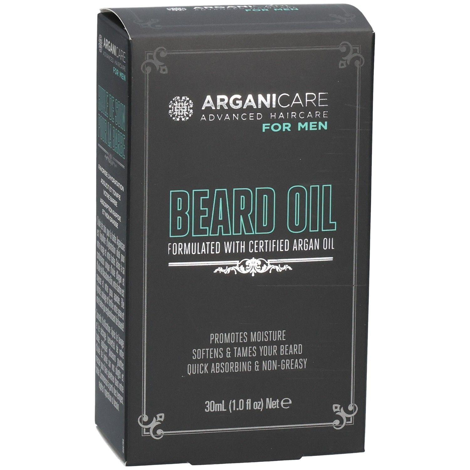 Emballage d'huile à barbe Arganicare pour hommes, 30ml, formulé à l'huile d'argan.