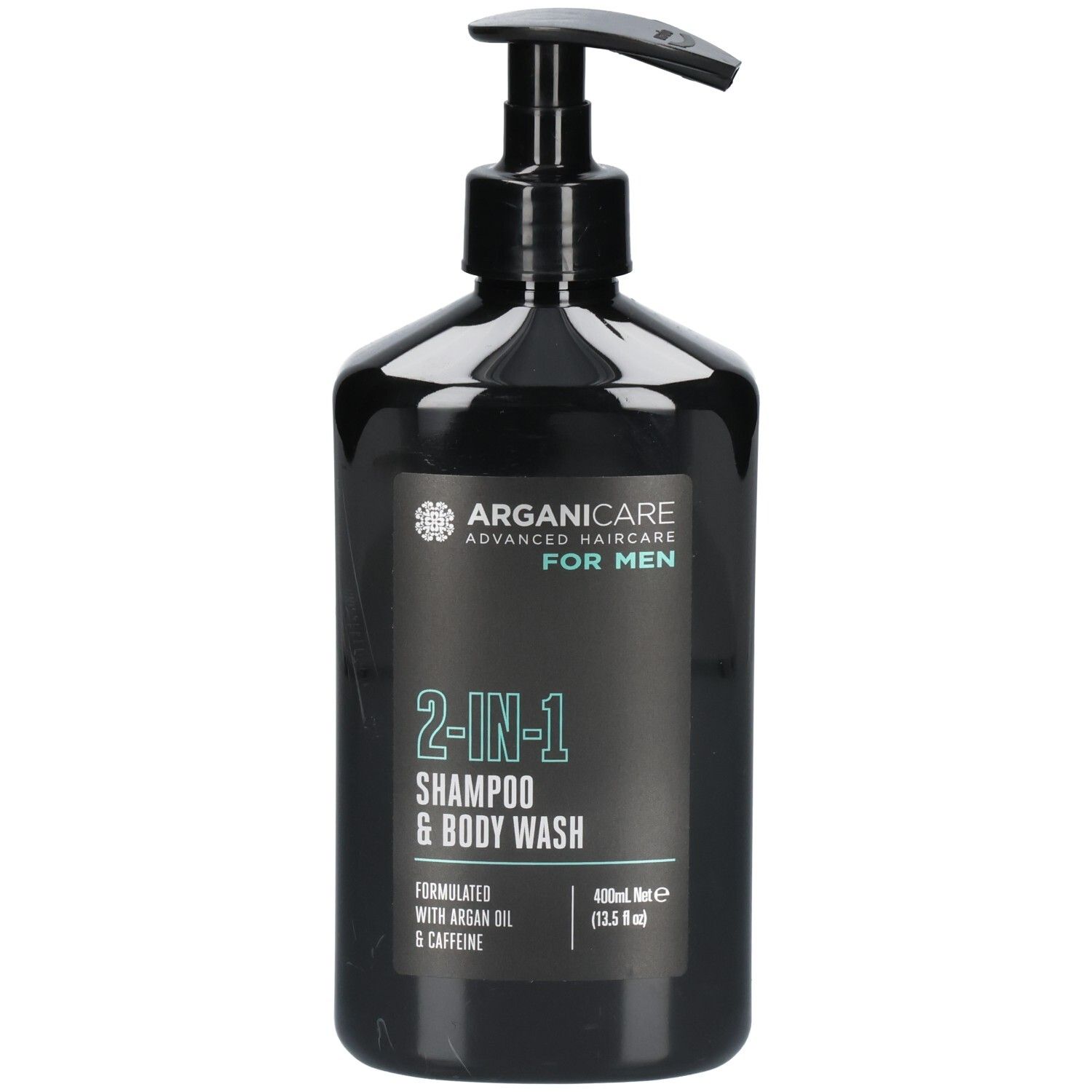Flacon noir avec pompe : Arganicare Shampoing 2-en-1 pour Homme, 400ml.