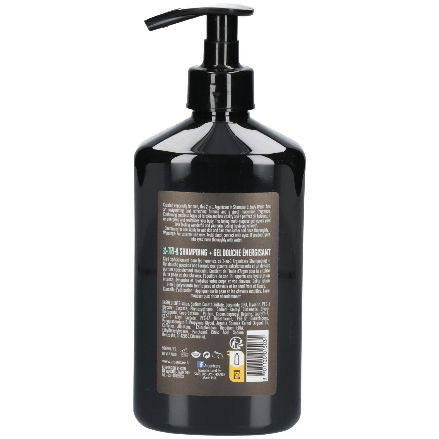 Arrière d'un flacon noir avec pompe : Arganicare Shampoing 2-en-1 pour Homme.