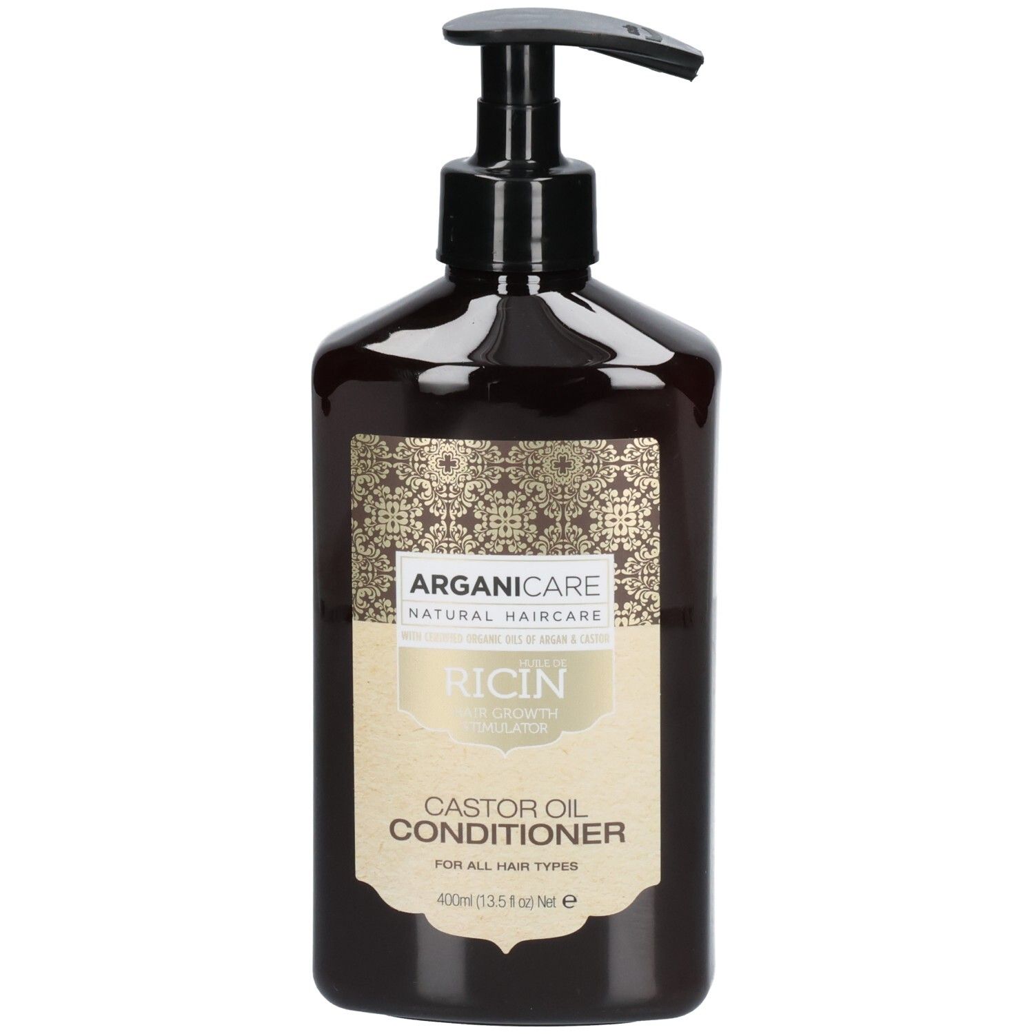 Flacon brun avec pompe, Arganicare Castor Oil Conditioner pour tous types de cheveux, 400ml.