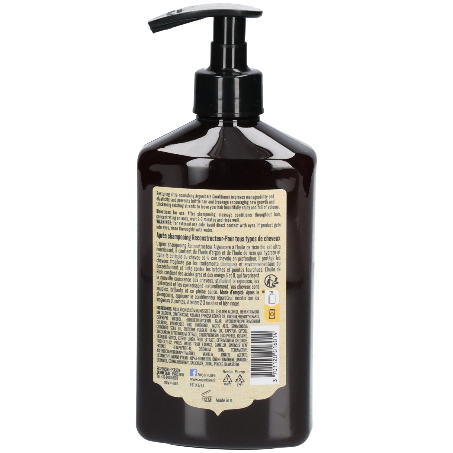Bouteille brun foncé avec distributeur noir, étiquette avec informations produit et ingrédients.