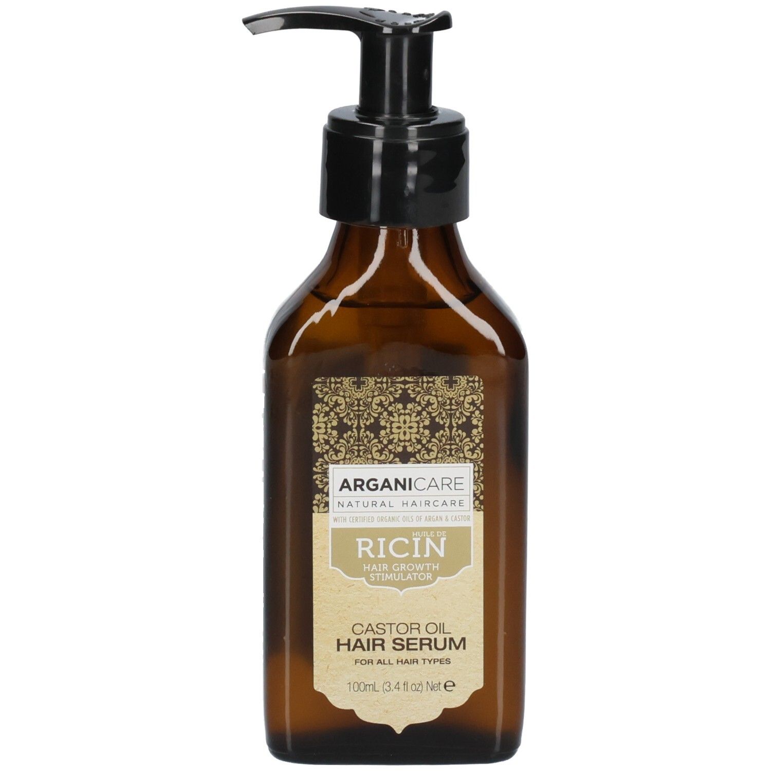 Arganicare Sérum Protecteur Ricin: Flacon en verre brun avec pompe. Sérum capillaire pour tous types de cheveux.