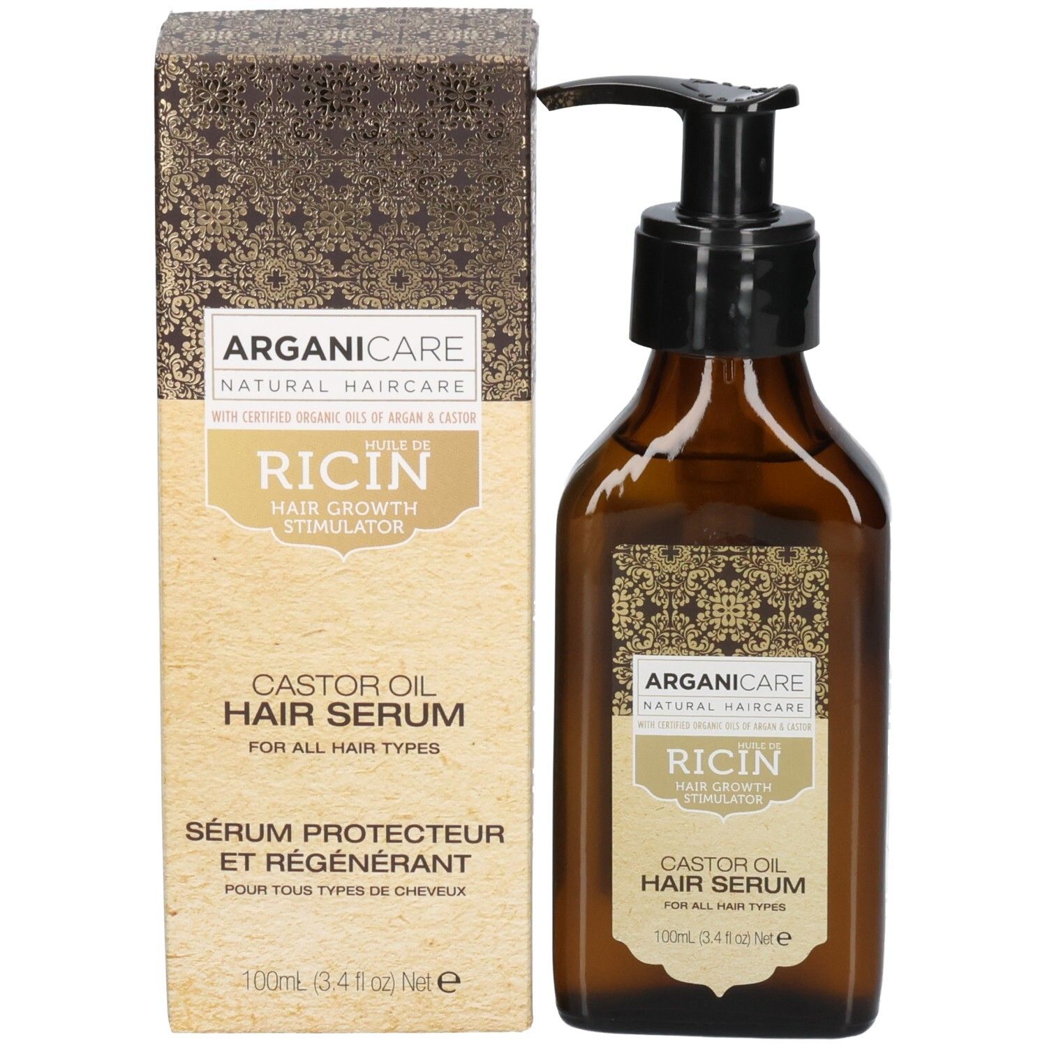 Arganicare Sérum Protecteur Ricin: Flacon et boîte. Sérum capillaire à l'huile de ricin pour tous types de cheveux.