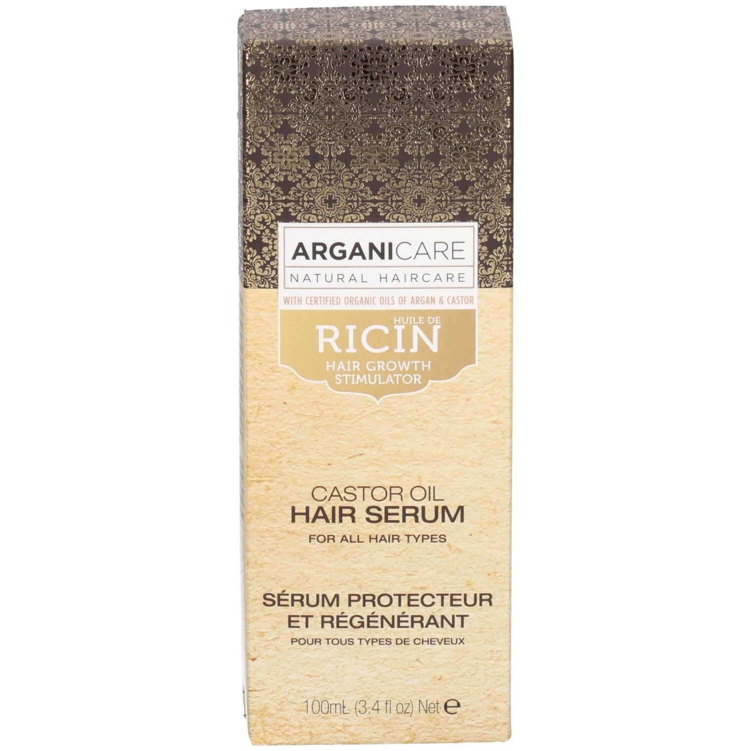 Boîte de l'Arganicare Sérum Protecteur Ricin. Avec informations détaillées sur le produit.