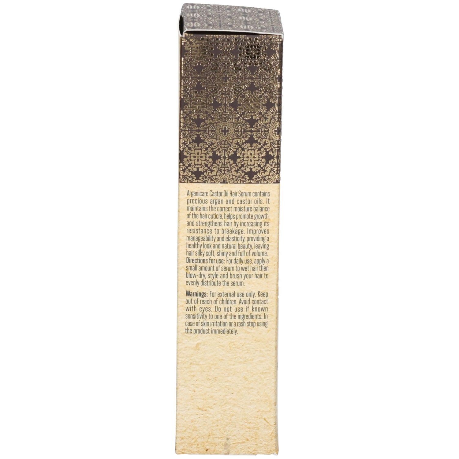 Côté de la boîte Arganicare Sérum Protecteur Ricin avec description et instructions.