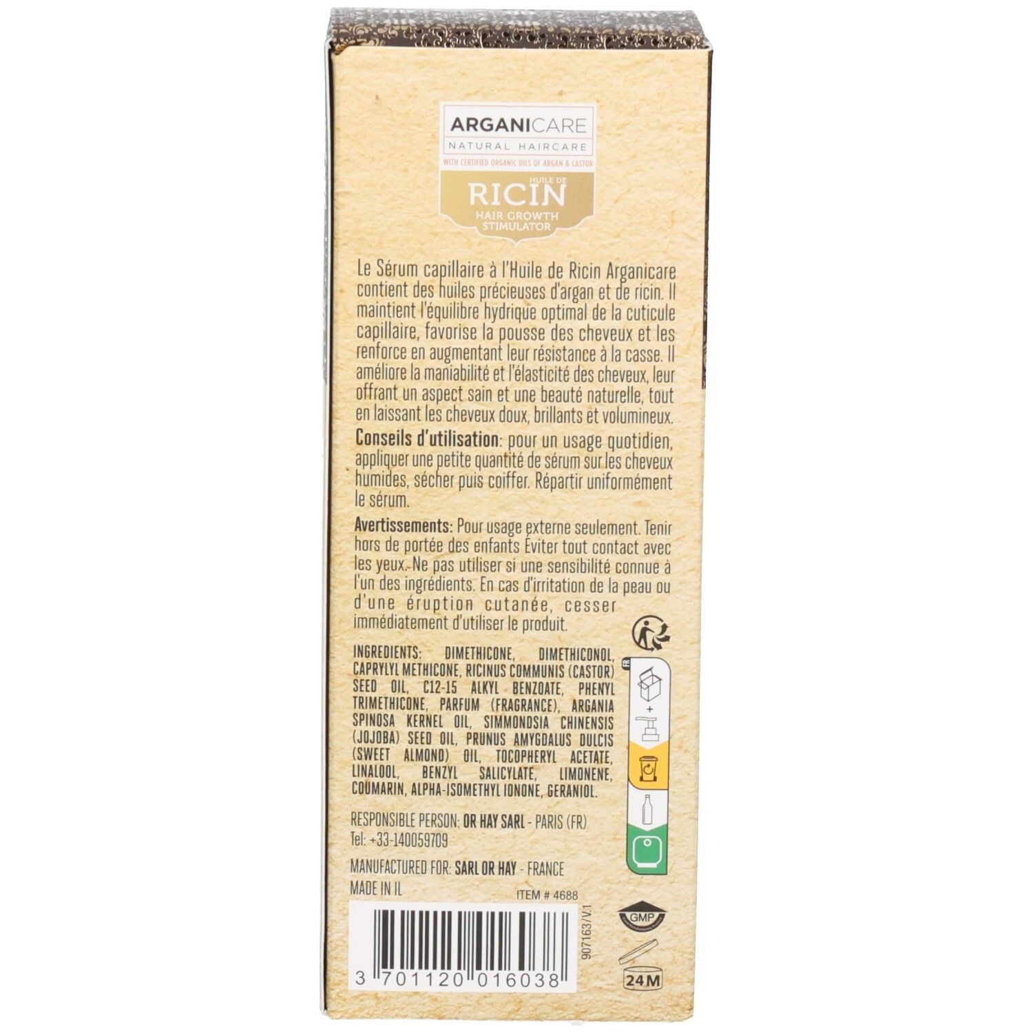 Côté de la boîte Arganicare Sérum Protecteur Ricin avec ingrédients et avertissements.