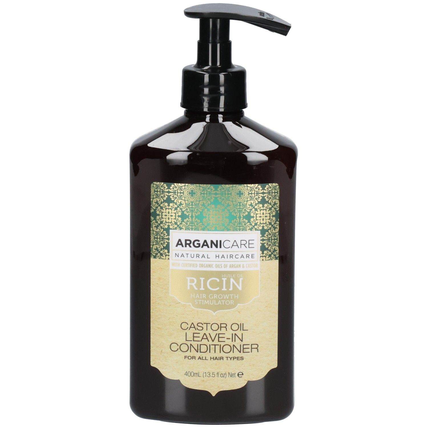 Bouteille Arganicare Huile de Ricin Leave-In Conditioner avec pompe. Flacon brun foncé avec étiquette or et vert.