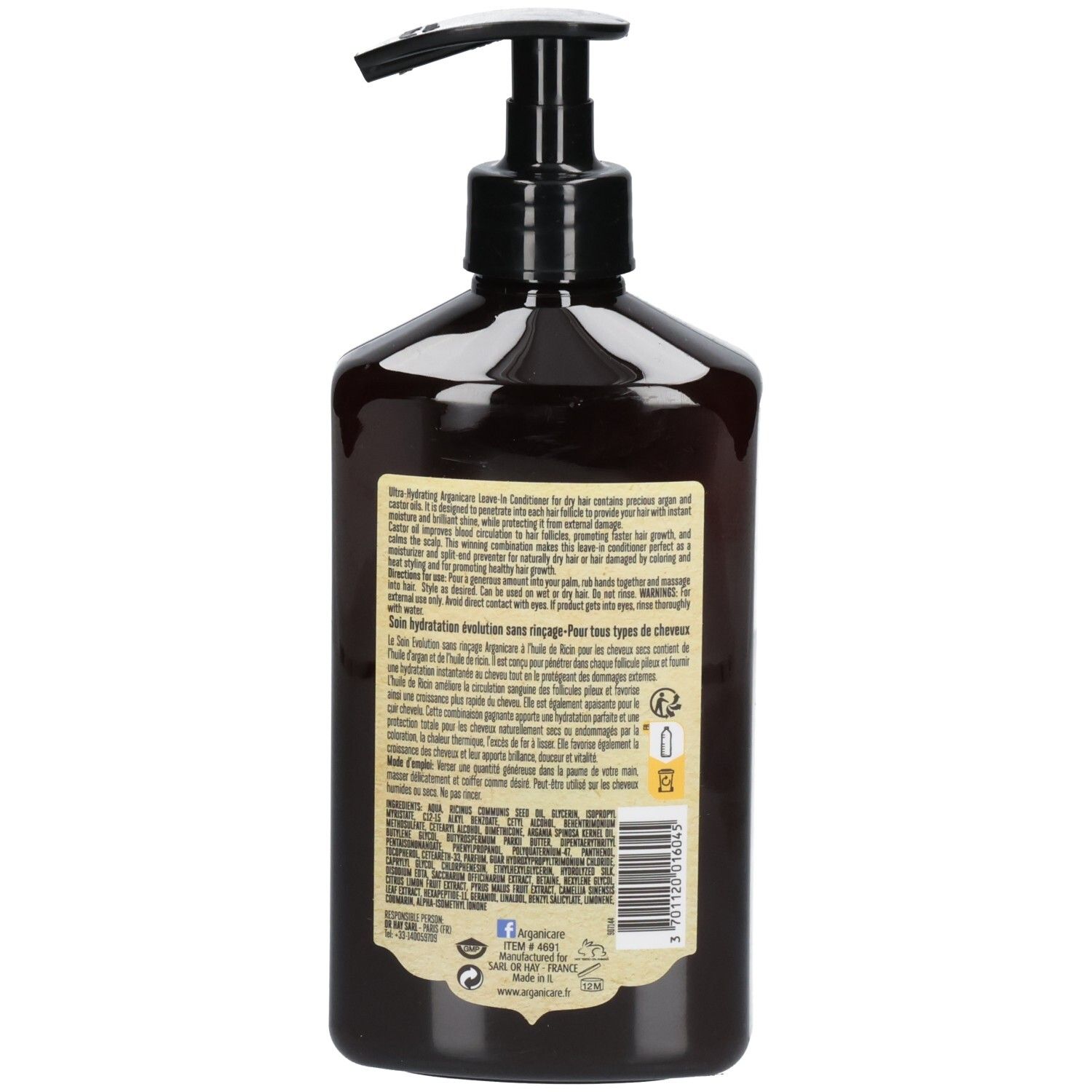 Arrière de la bouteille Arganicare Huile de Ricin Leave-In Conditioner avec informations détaillées sur le produit et code-barres.
