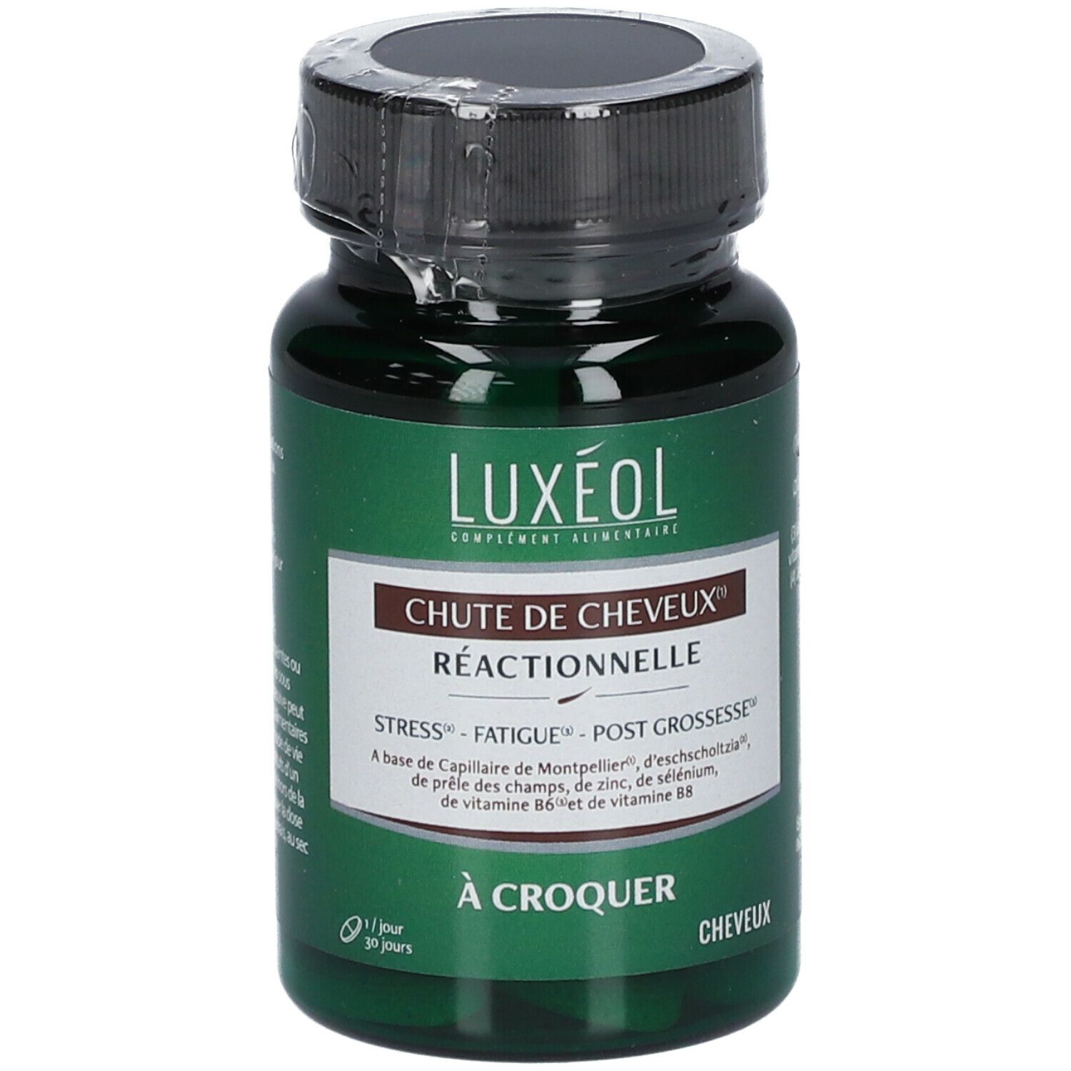 Flacon vert de gélules. Inscription: LUXÉOL, Chute de Cheveux Réactionnelle. Stress, Fatigue, Post Grossesse. À croquer.