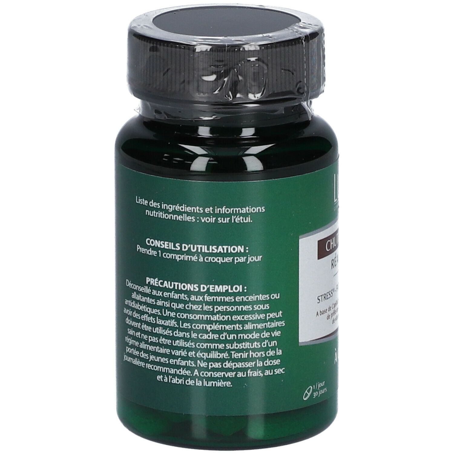 Dos du flacon vert. Texte sur les ingrédients, les conseils d'utilisation et les précautions d'emploi. 