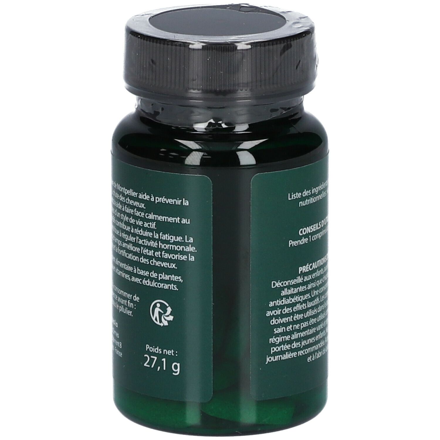 Flacon vert. Inscription: LUXÉOL. Texte sur les ingrédients et les avertissements. Poids net: 27,1 g.