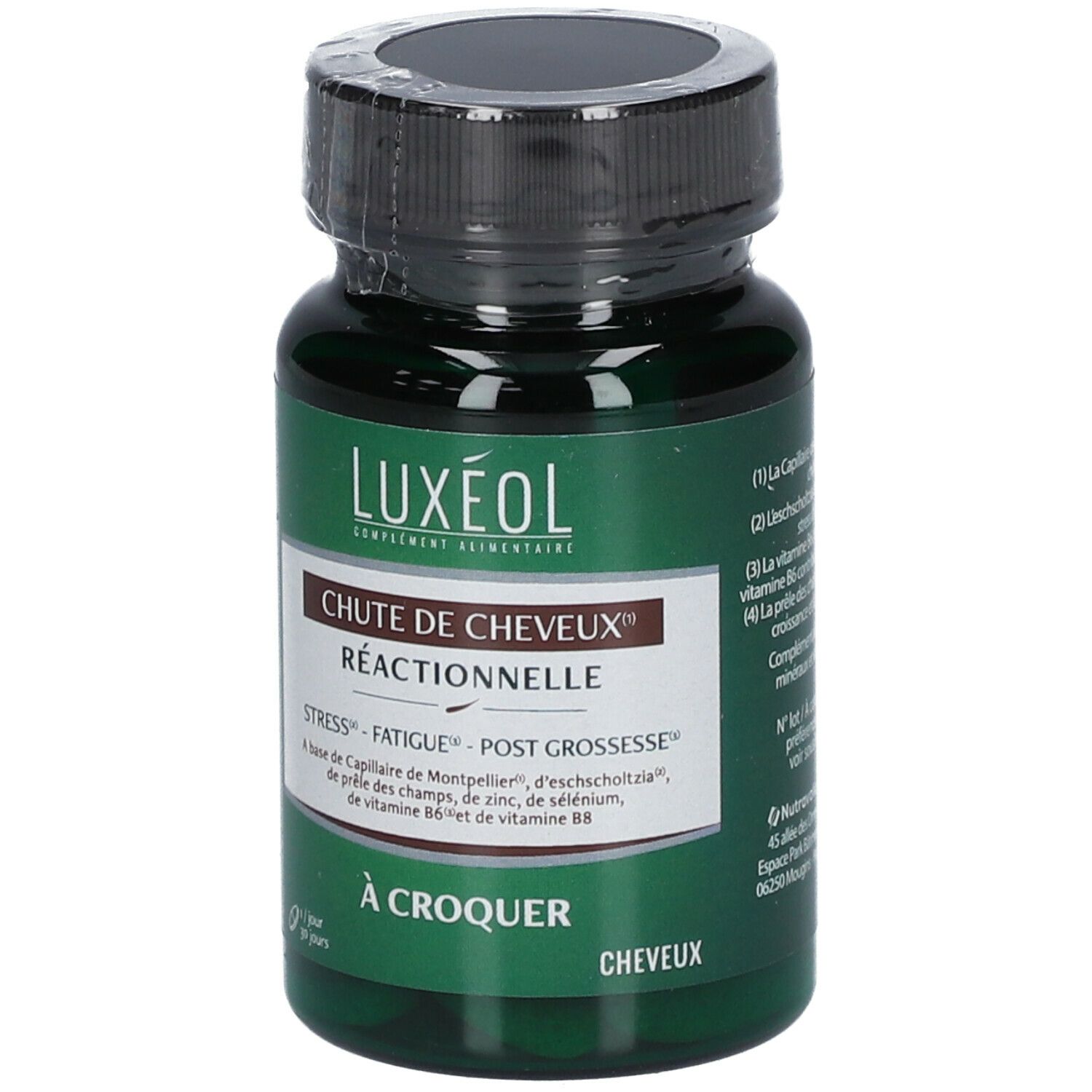 Flacon vert de gélules. Inscription: LUXÉOL, Chute de Cheveux Réactionnelle. Stress, Fatigue, Post Grossesse. À croquer.