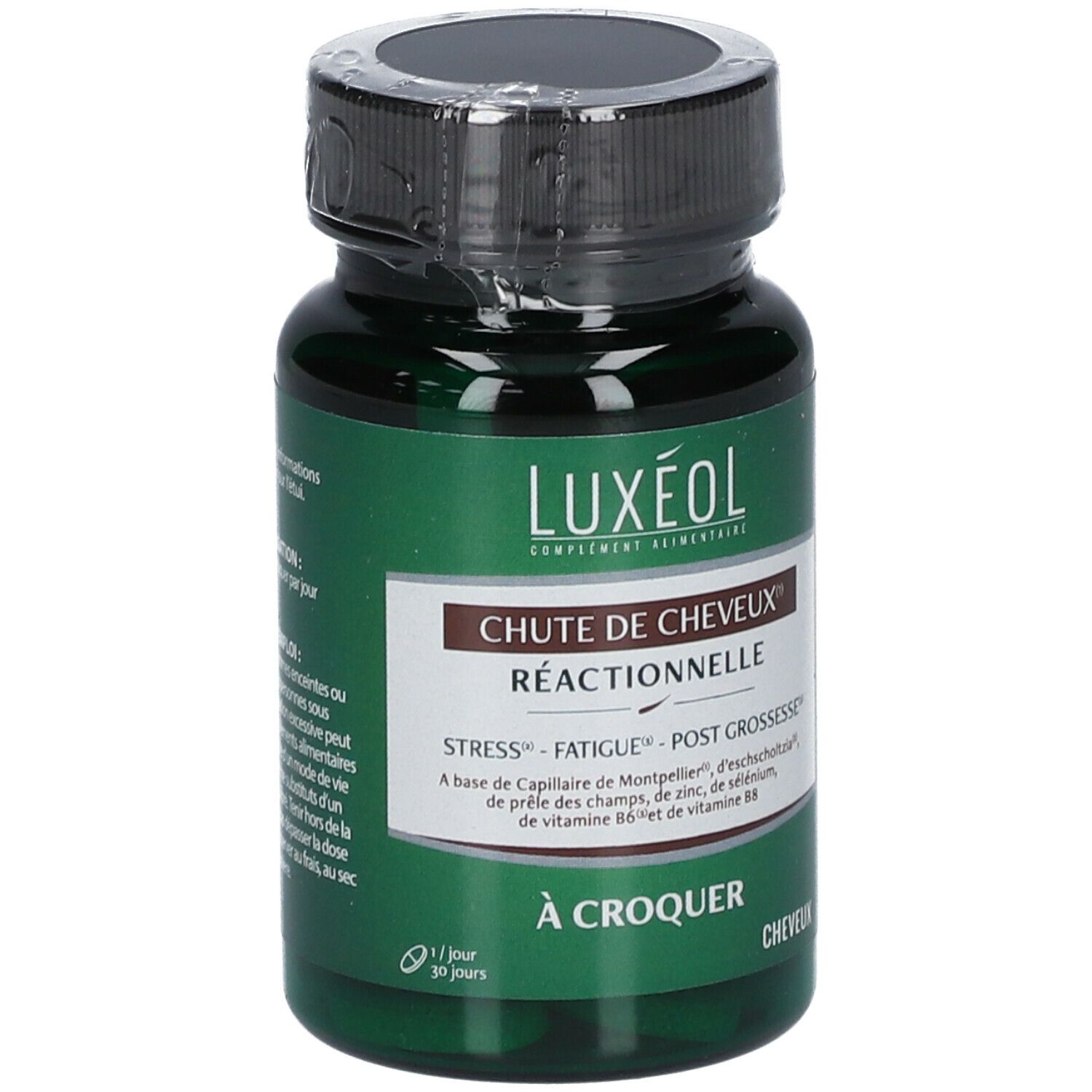 Flacon vert de gélules. Inscription: LUXÉOL, Chute de Cheveux Réactionnelle. Stress, Fatigue, Post Grossesse. À croquer.